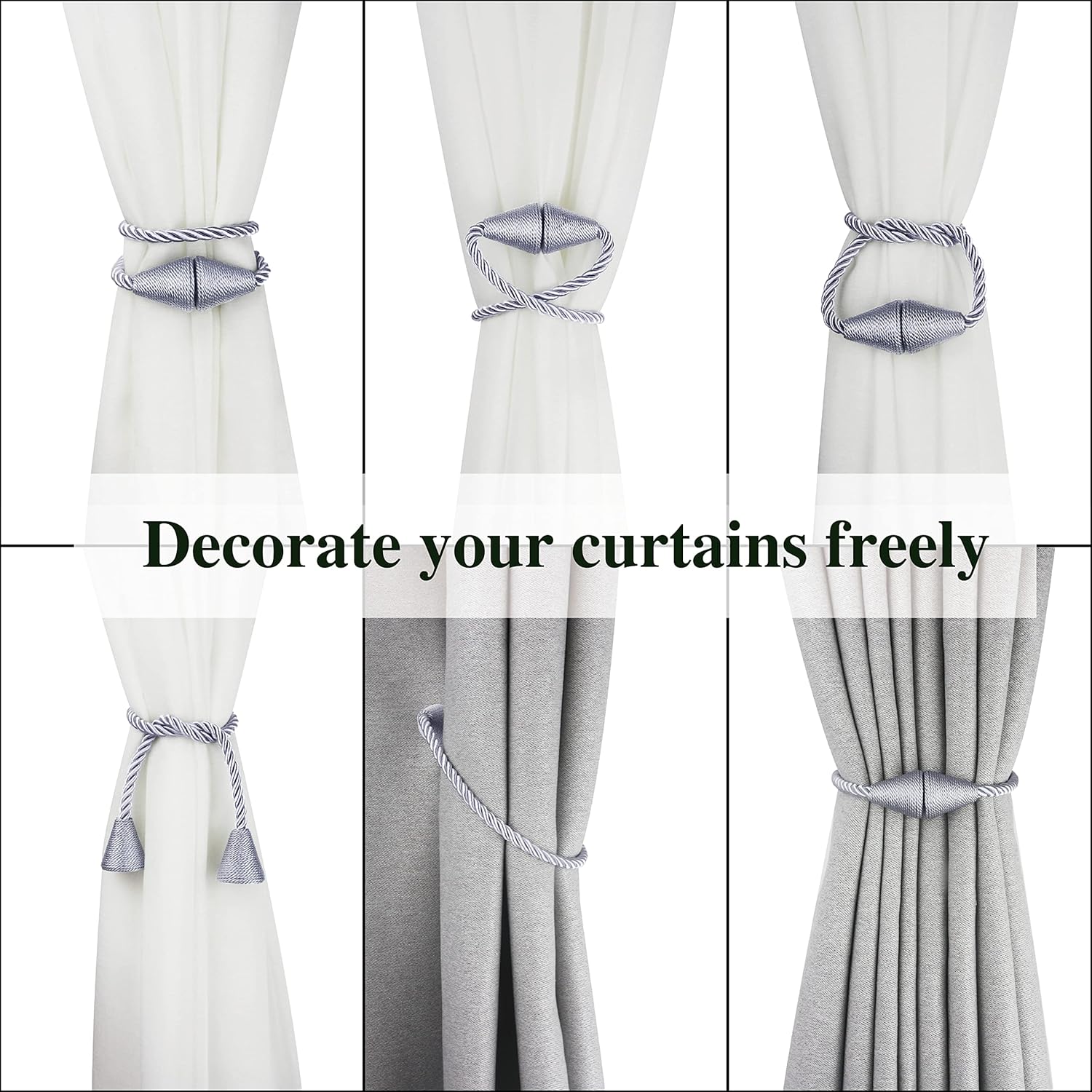 2 Pack Magnetic Curtain Tiebacks Rope Modern Handmade Curtain Tie Backs Decorative Drapes Weave Holdbacks for Window Décor, Grey