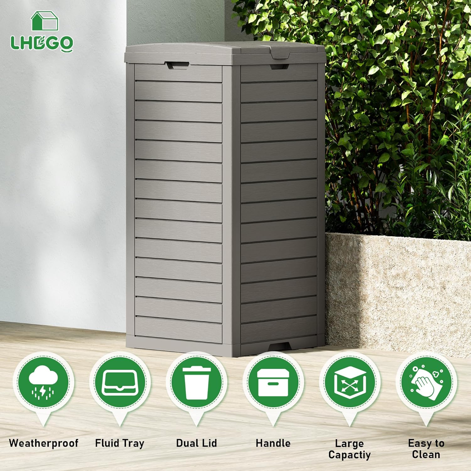 Outdoor Trash Can, 31 Gallon Garbage Can with Tiered Lid and Drip Tray, Waterproof Resin Patio Waste Bin for Garden, Backyard, Deck