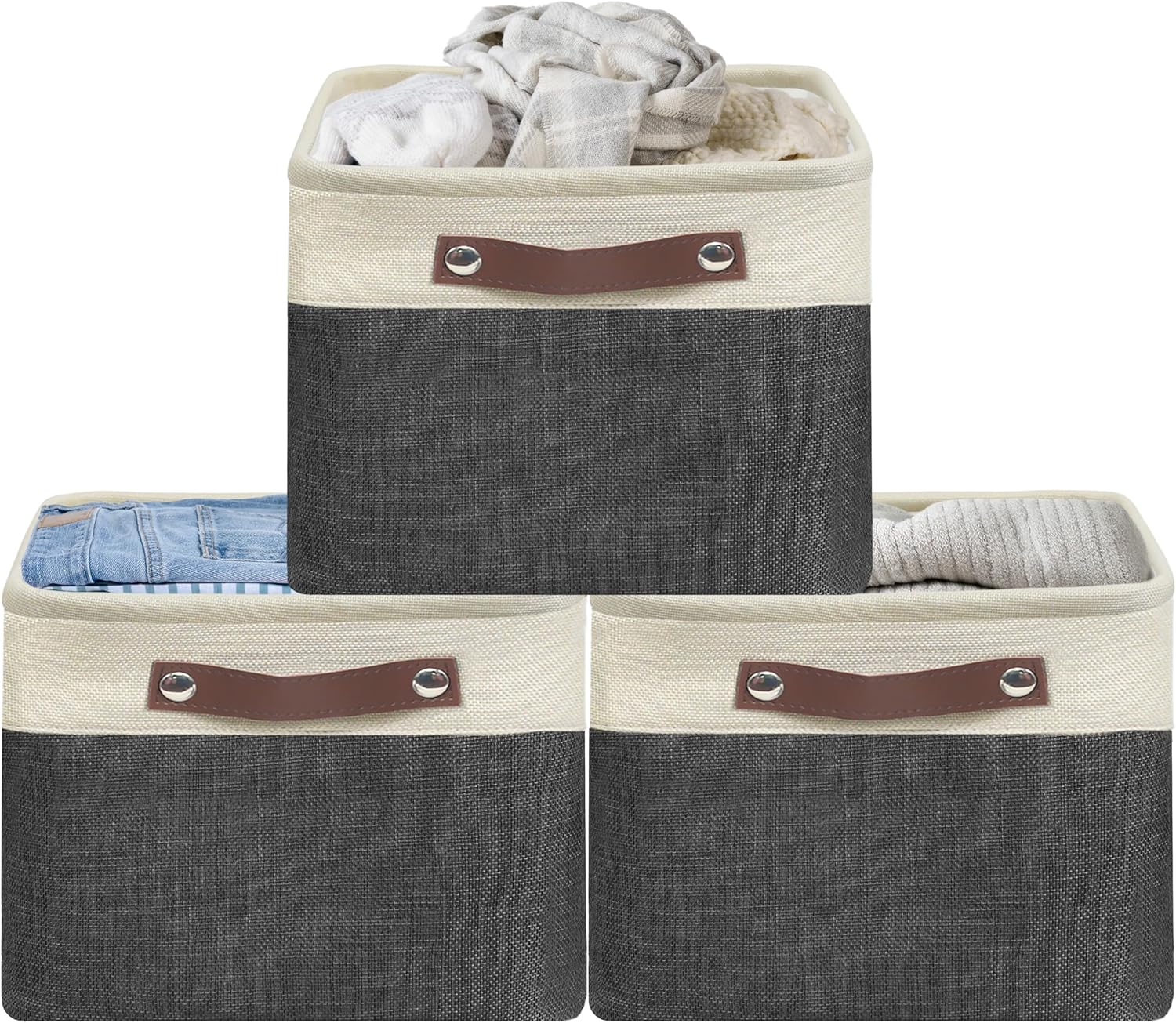 SIMPLE HOUSEWARE Large Fabric Storage Bin, 15" x 11" with Leather Like Handles, 3 Pack, Dark Gray