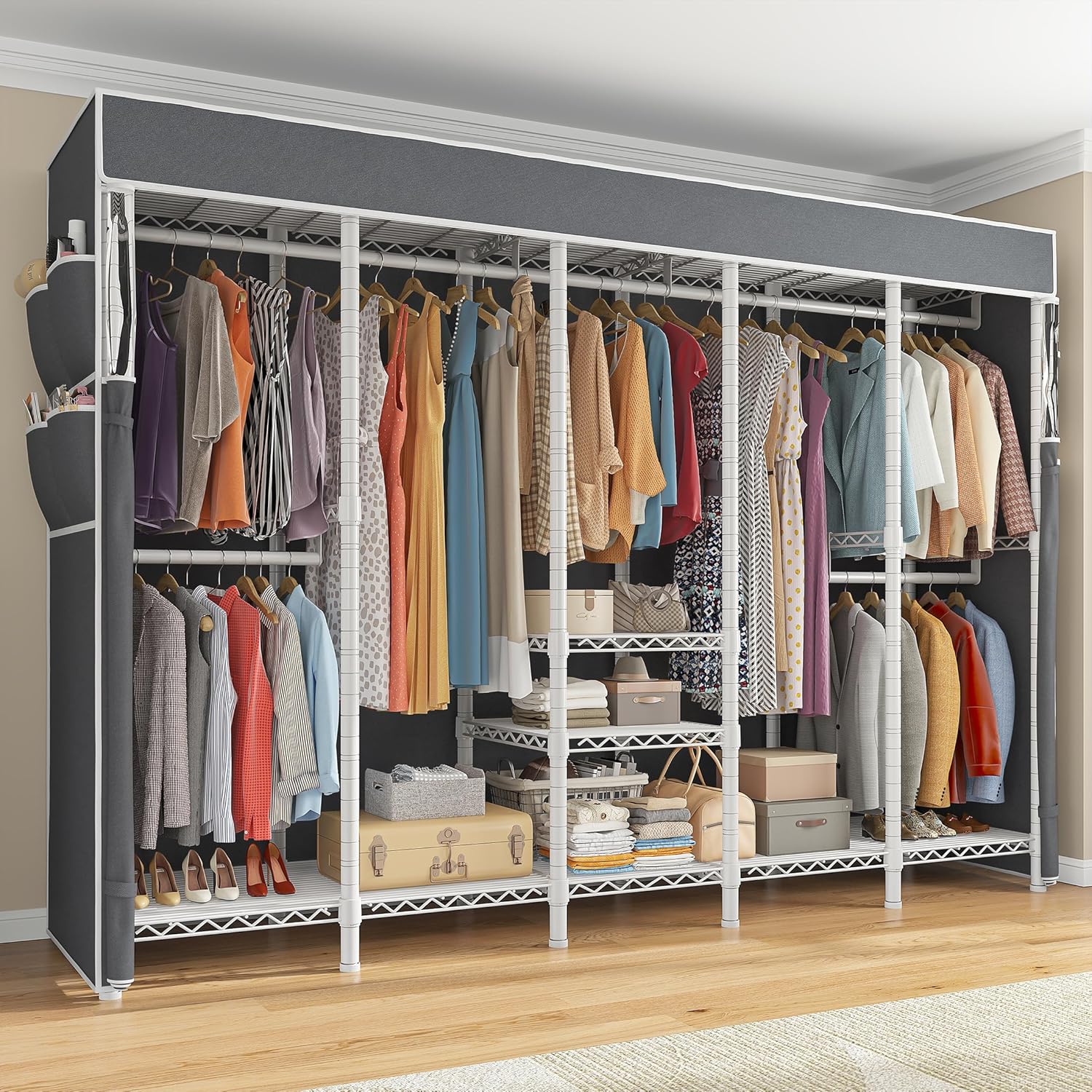 Raybee 90.6" W Clothes Rack with Cover Heavy Duty Clothing Rack with Cover Loads 1200LBS Freestanding Garment Rack for Bedroom, White