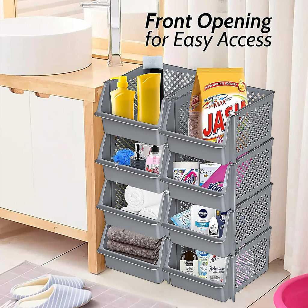 Skywin Plastic Stackable Storage Bins for Pantry, 12 Pack Stackable Bins For Organizing Food, Kitchen, and Bathroom Essentials (Grey)