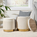 Royal Windsor Round Ottoman with Storage Set of 2, Vanity Stool with Storage for Bedroom, Ottoman Coffee Table Gold-Tone Ring Around The Base, Small Velvet Foot Stool for Living Room, Beige