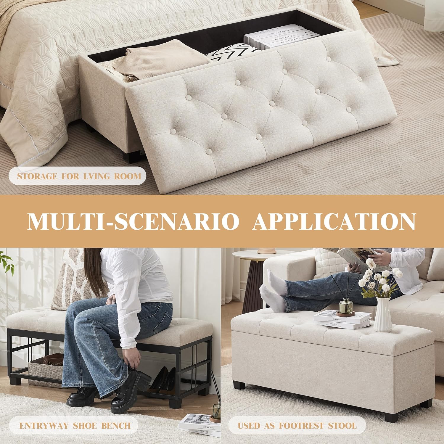 43’’ Storage Ottoman Bench, Linen Entryway Benches Load up to 660 Lb, Modern End of Bed Benches for Bedroom, Ottoman with Storage Bench for Living Room, Beige