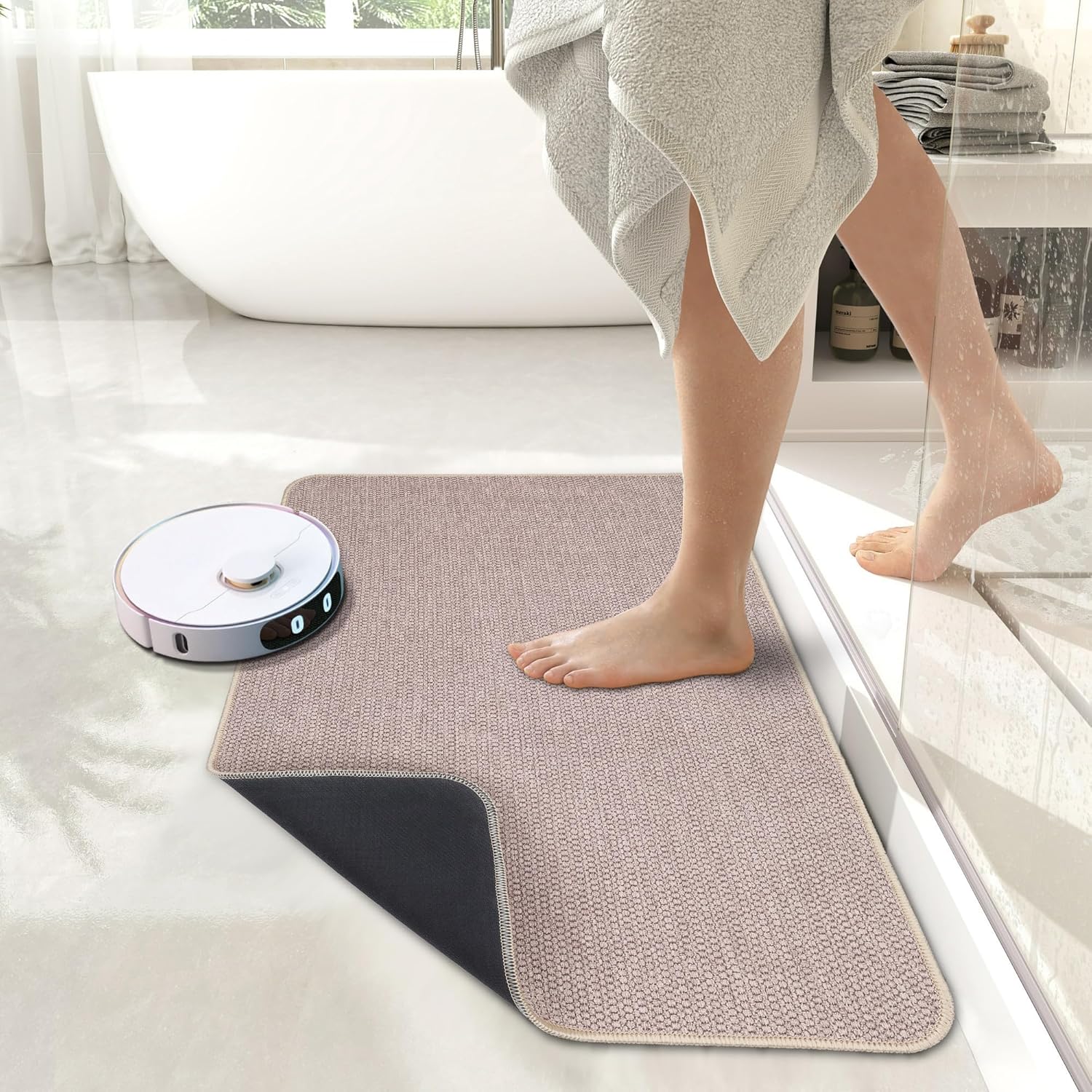 Bath Mat,Ultra Thin Bathroom Rugs,Rubber Bath Mats for Bathroom,No Slip Bath Rugs,Quick Dry,Machine Washable,Low Pile,Absorbent,Shower Outside,Sink,Home Decor Accessories.Beige,1'5"x2'3"(2 Pack)