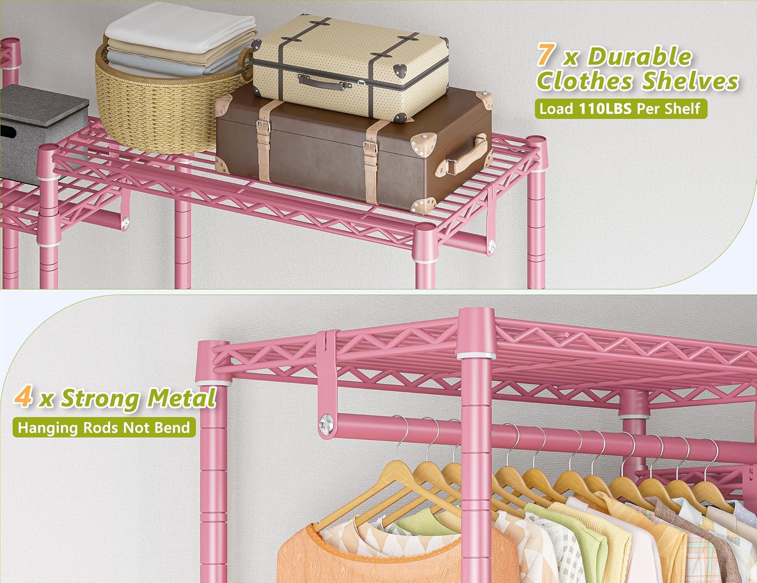 Raybee Clothing Racks for Hanging Clothes Heavy Duty Clothes Rack Load 750LBS clothes rack, 77" H x 70.5" W x 13.8" D, Pink