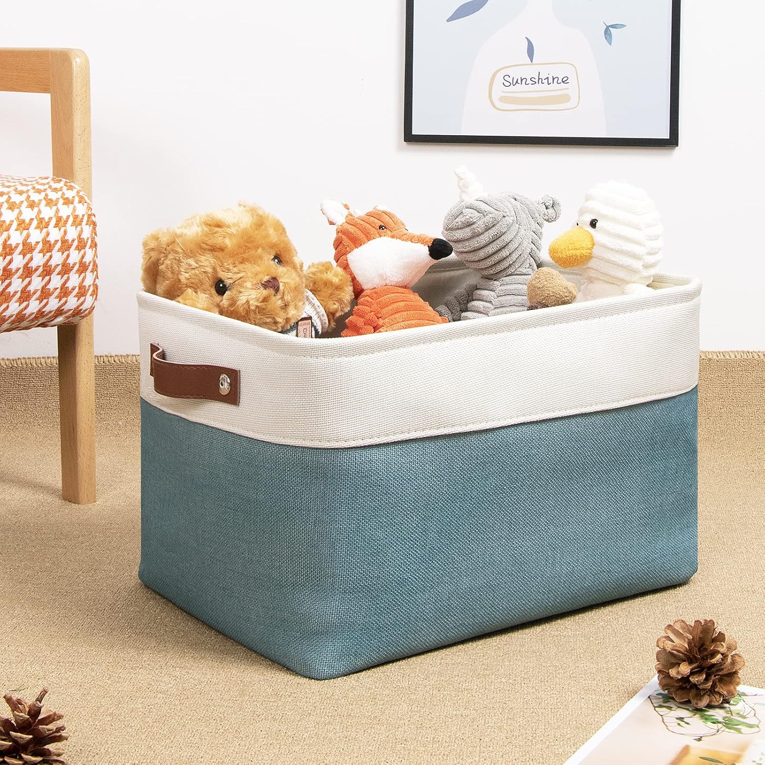 DULLEMELO Fabric Storage Basket for Shelves/Closets, Collapsible Rectangle Basket for Organizing Clothes, Toys, Towels, Books, Laundry, Nursery, Dog Toy Basket Empty (White&Teal)