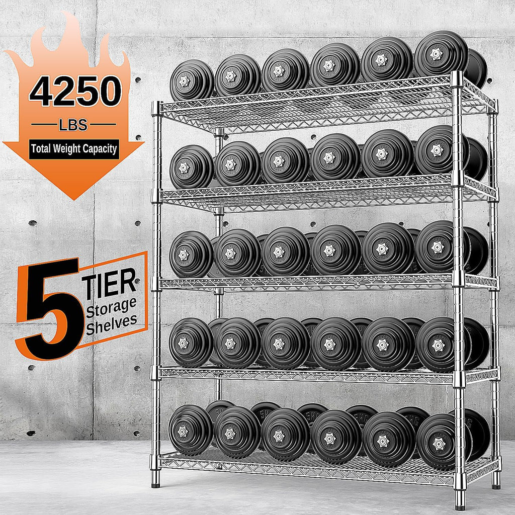IZEUK 4250 LBS Garage Shelving Wide Storage Shelves 5 Tier Metal Shelves Heavy Duty Adjustable Utility Shelf Rack Chrome 17.7" D x 59.1" W x 70.4" H