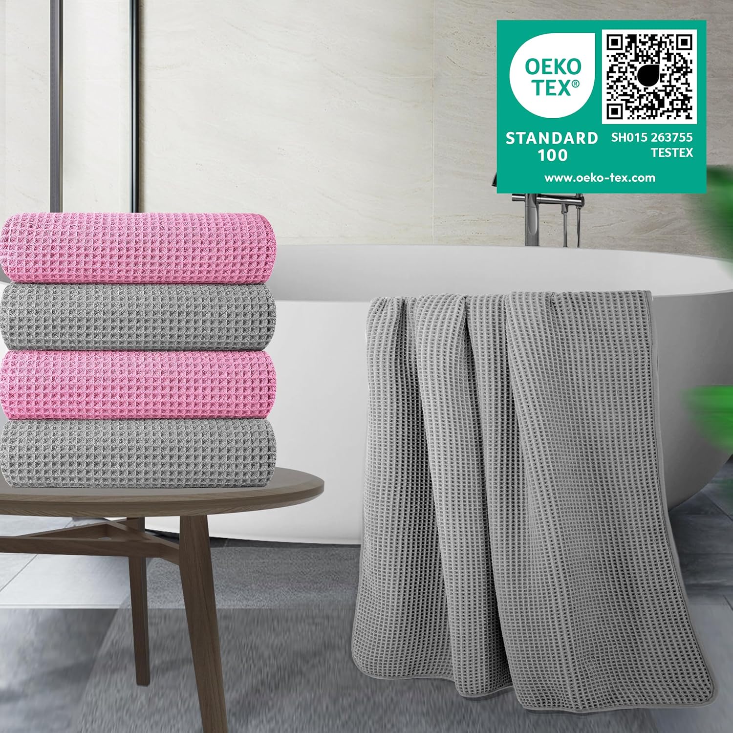 POLYTE Microfiber Oversize Quick Dry Lint Free Bath Towel, 60 x 30 in, 4 Pack (Waffle Weave)