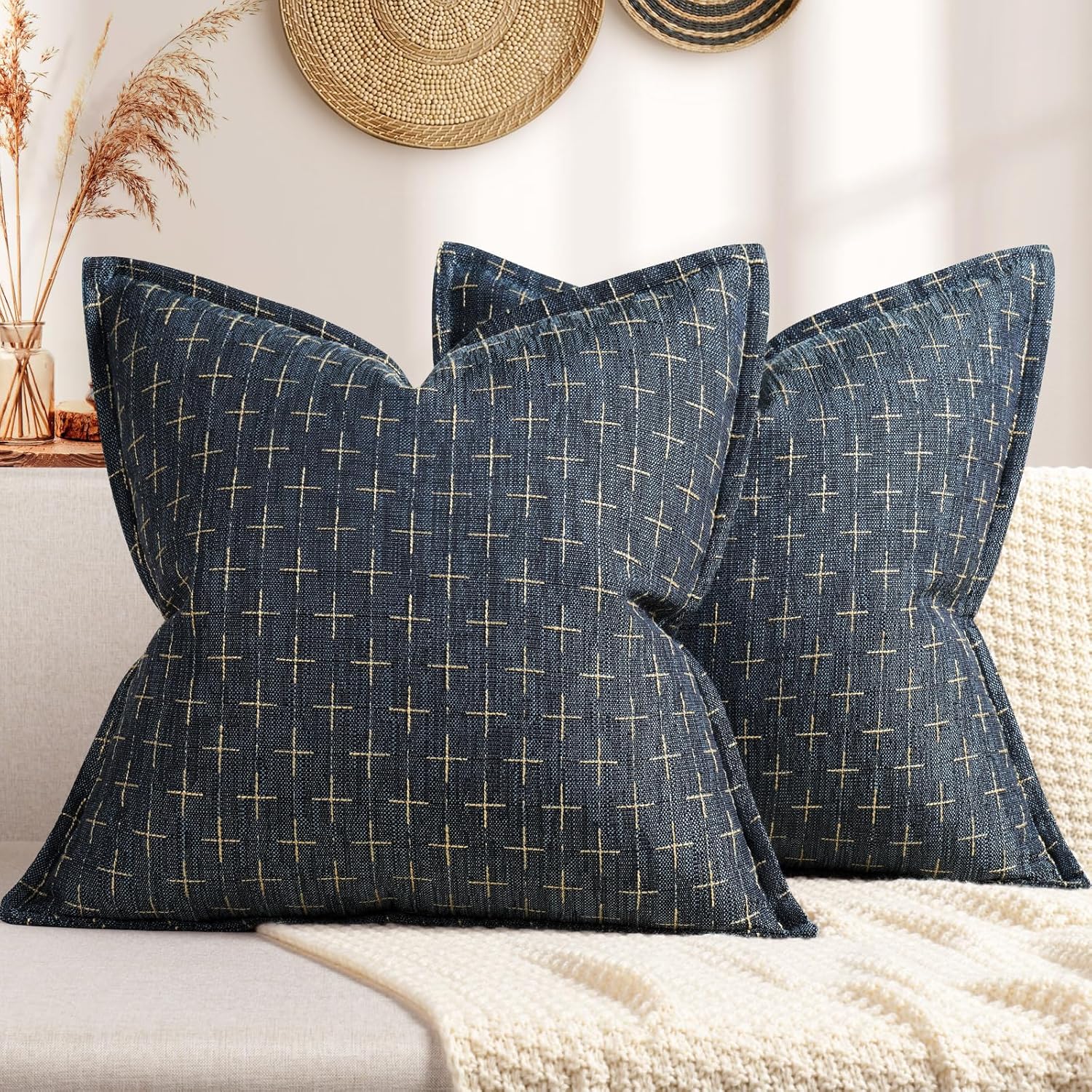 ZWJD Pillow Covers 24x24 Set of 2 Soft Polyester Textured Pillow Covers with Stylish Flange Edge Cozy Farmhouse Throw Pillows for Couch Bed Sofa Living Room