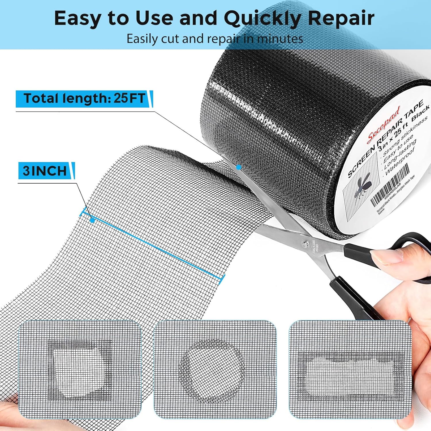 Black Window Screen Repair Tape, 3IN X 25FT (300IN) Screen Repair Kit for Windows or Doors, Strong Adhesive Patch Kit Fiberglass Mesh Tape