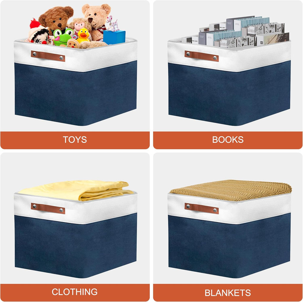 13in Open Fabric Storage Basket with Leather Handles for Organizing, Collapsible Linen Closet Bins for Shelves, Closets, Laundry, Decorative Basket for Gifts. (White＆Blue, 3PCS/13x13in)
