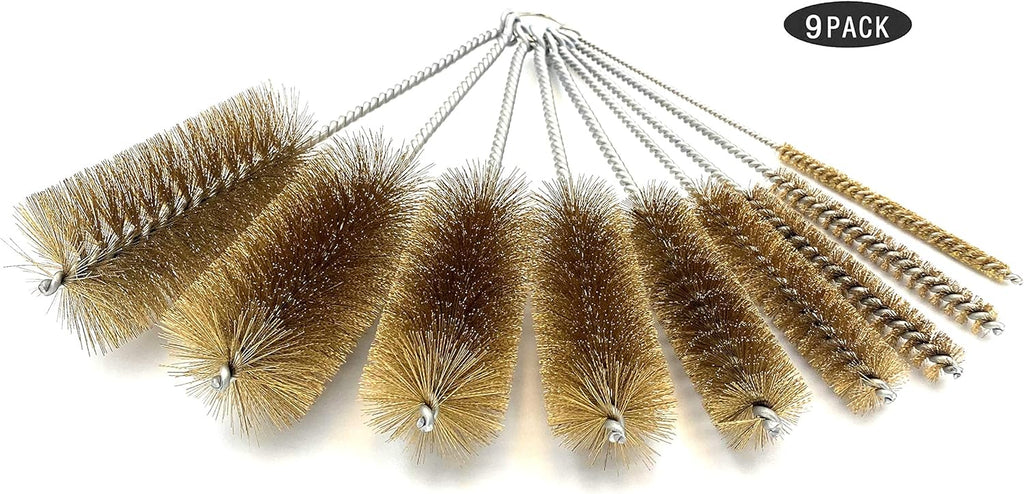 Pipe Cleaning Brush Set with Brass Bristles, 9 Piece Variety Pack for Auto Parts, Bottles,Tubes, Etc.