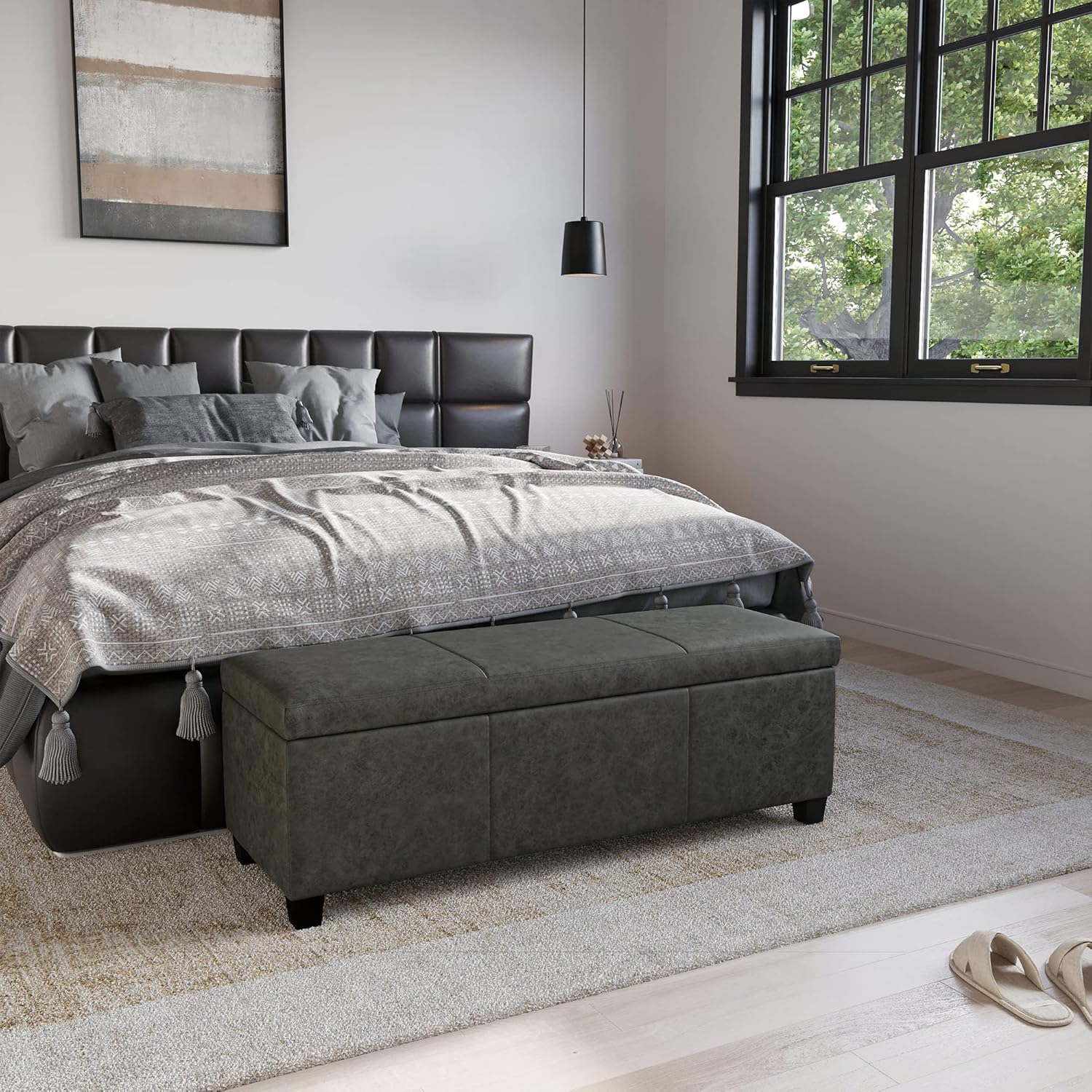 BELLEZE Storage Faux Leather Ottoman, 47 Inch Bench Bedroom Bench with Safety Close Hinge, Extra Long Ottoman with Storage for Living Room, Entryway, Hallway, Foot Rest, Support 300lbs - Rustic Gray