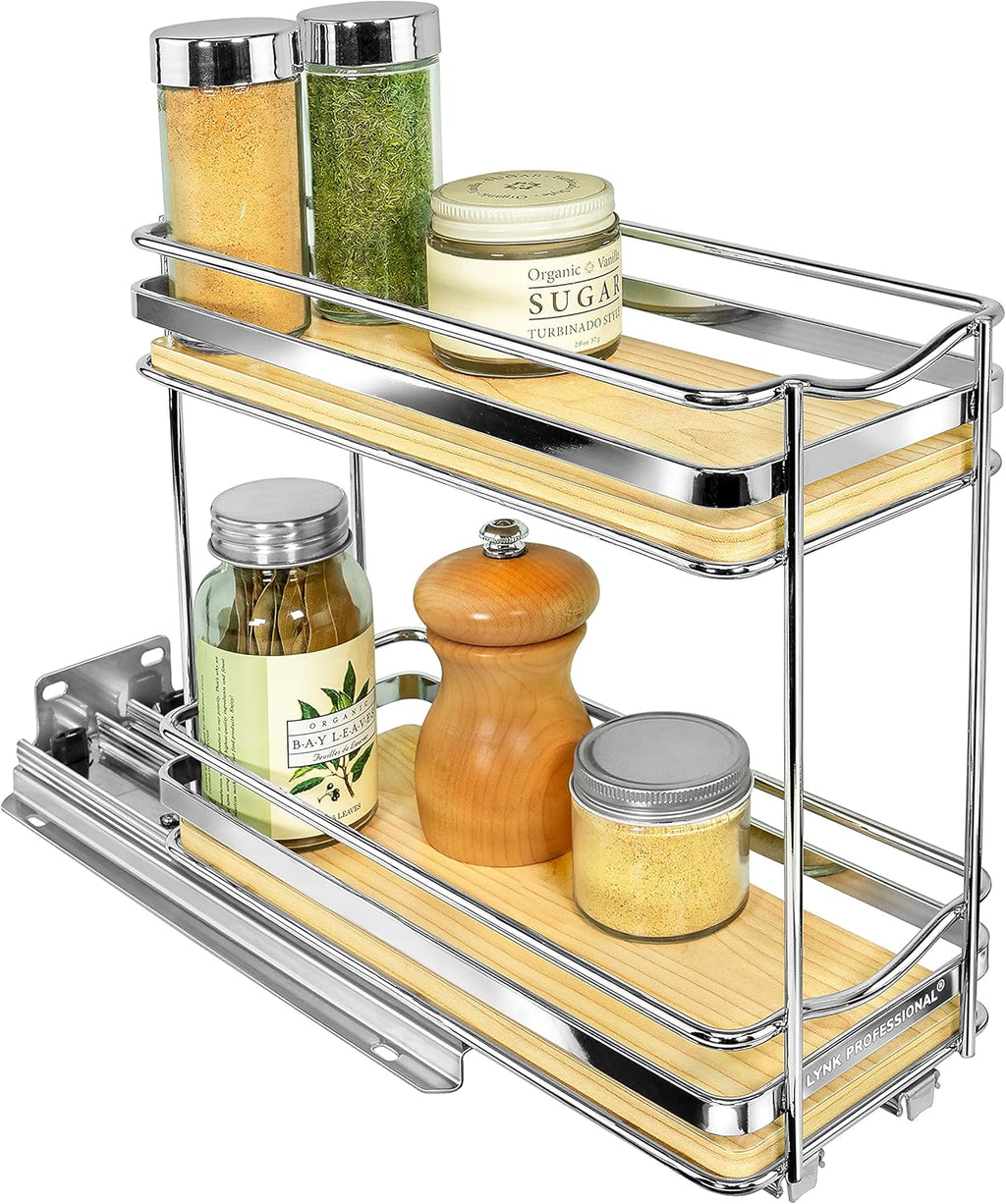 LYNK PROFESSIONAL® Élite™ Pull Out Spice Rack Organizer for Inside Kitchen Cabinets - 4-1/4 inch Wide - Slide Out Drawer – Wood/Chrome Sliding Spice Cabinet Organization Shelf Racks - 2 Tier