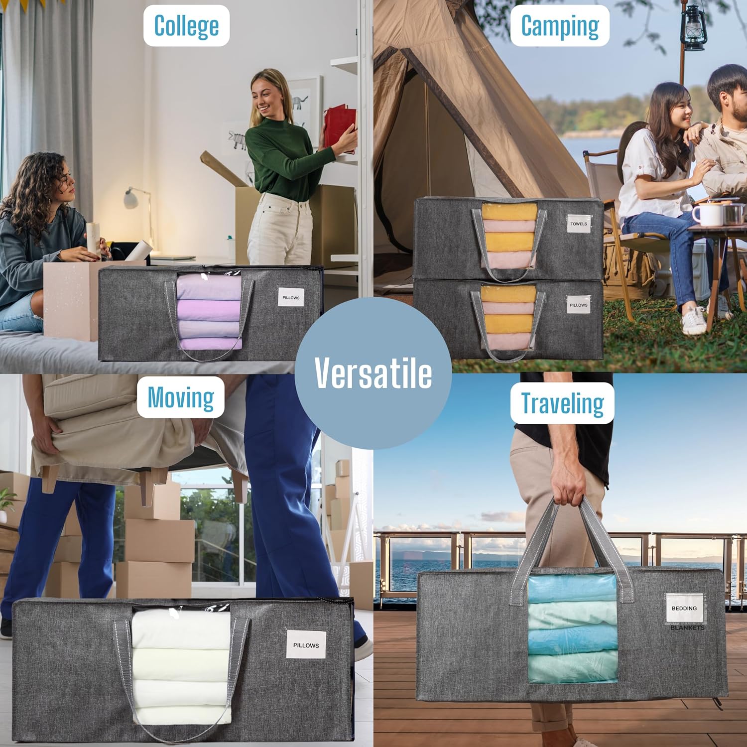 VENO 10 Pack Moving Bags Extra Large Storage Bags for College Move-In, Heavy-Duty Storage Totes, Packing Boxes, and Wardrobe Moving Supplies - Durable Laundry Bags for Clothes (Gray w/Window, 10 Pack)