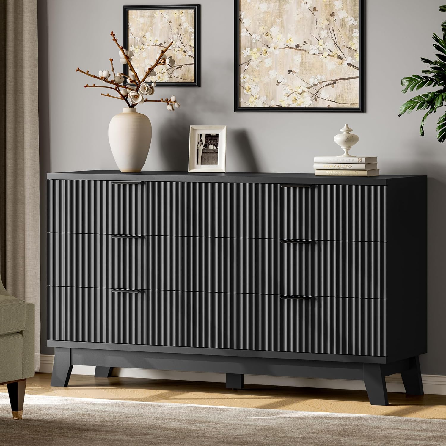 Fluted Dresser with 6 Drawers, 54" Wide Modern Chest of Drawers with Metal Handle, Wooden Dresser TV Stand, Wood Closet Clothes Storage Organizer for Bedroom, Living Room, Hallway, Solid Black
