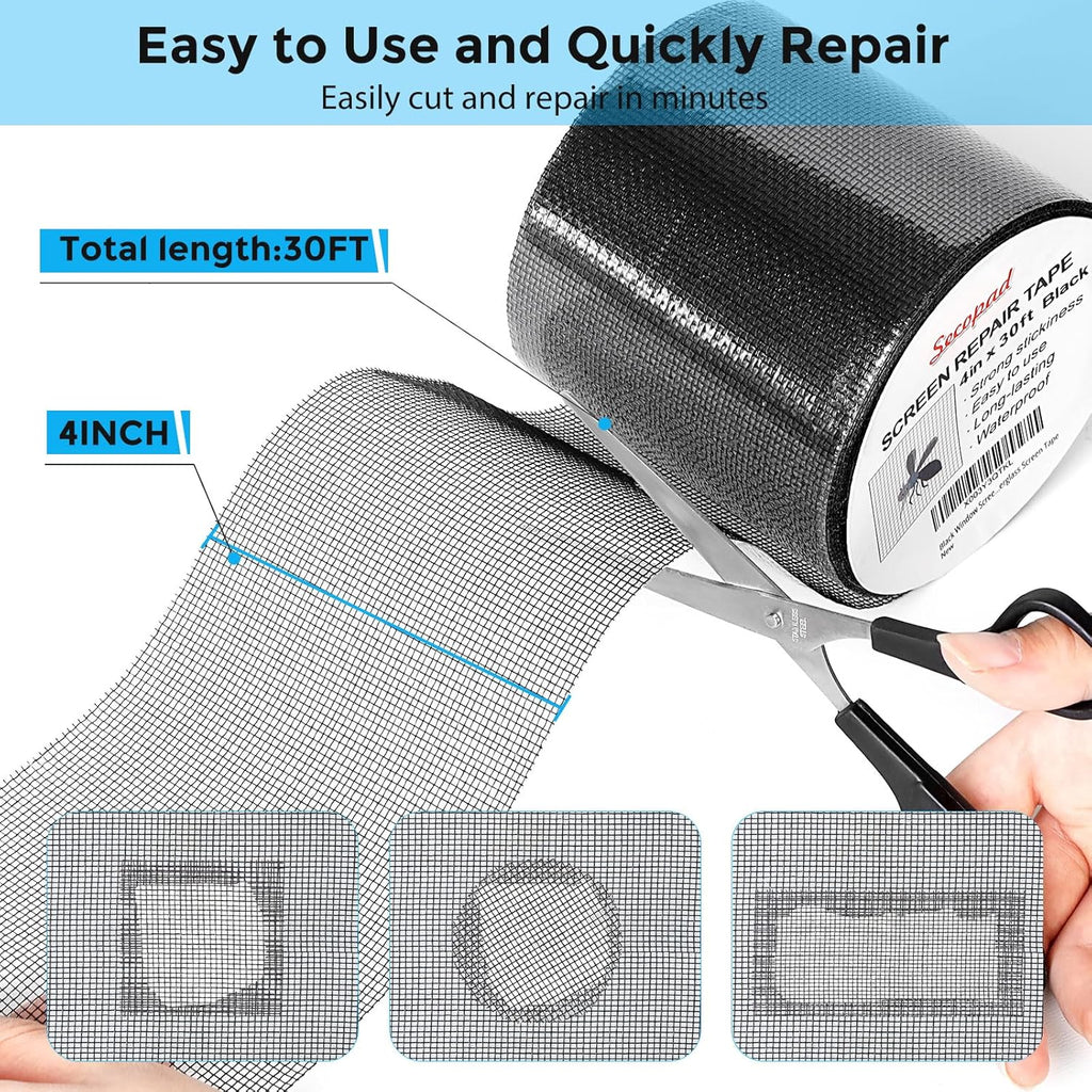 Black Window Screen Repair Kit, 4 in X 30 FT (360IN) Screen Repair Tape for Windows or Doors, Strong Adhesive Fiberglass Mesh Patch Tape