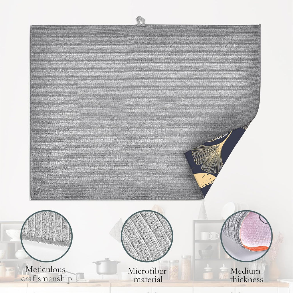 Ginkgo Leaves Dish Drying Rack Mat for Kitchen Counter,Dragonfly Butterfly Dish Drying Pad Absorbent Reversible Microfiber Protector for Coffee Bar Sink Countertops 18x24 Inch
