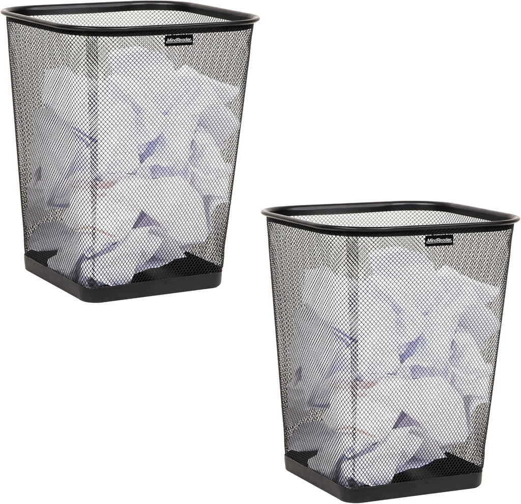 Mind Reader Mesh Trash Can, Waste Paper Basket, Square, Office, Metal Mesh, Set of 2, Black