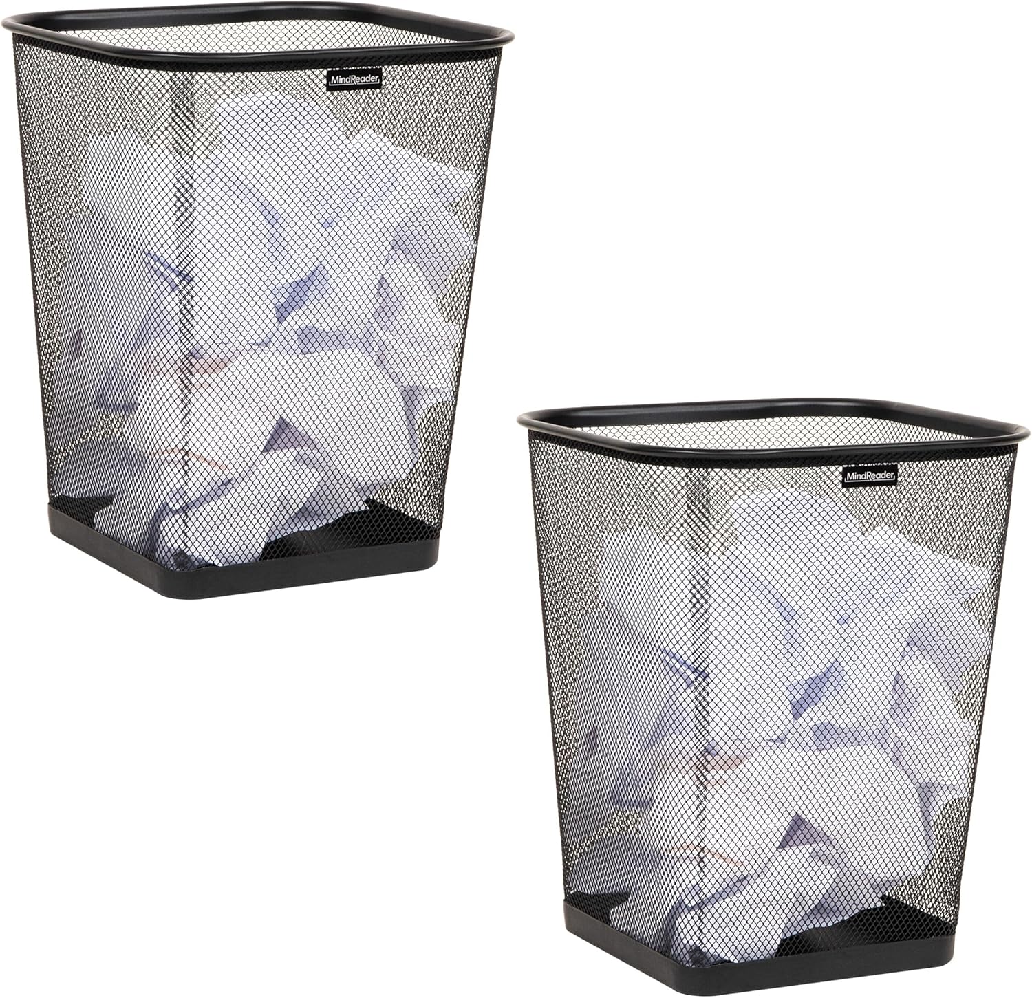 Mind Reader Mesh Trash Can, Waste Paper Basket, Square, Office, Metal Mesh, Set of 2, Black