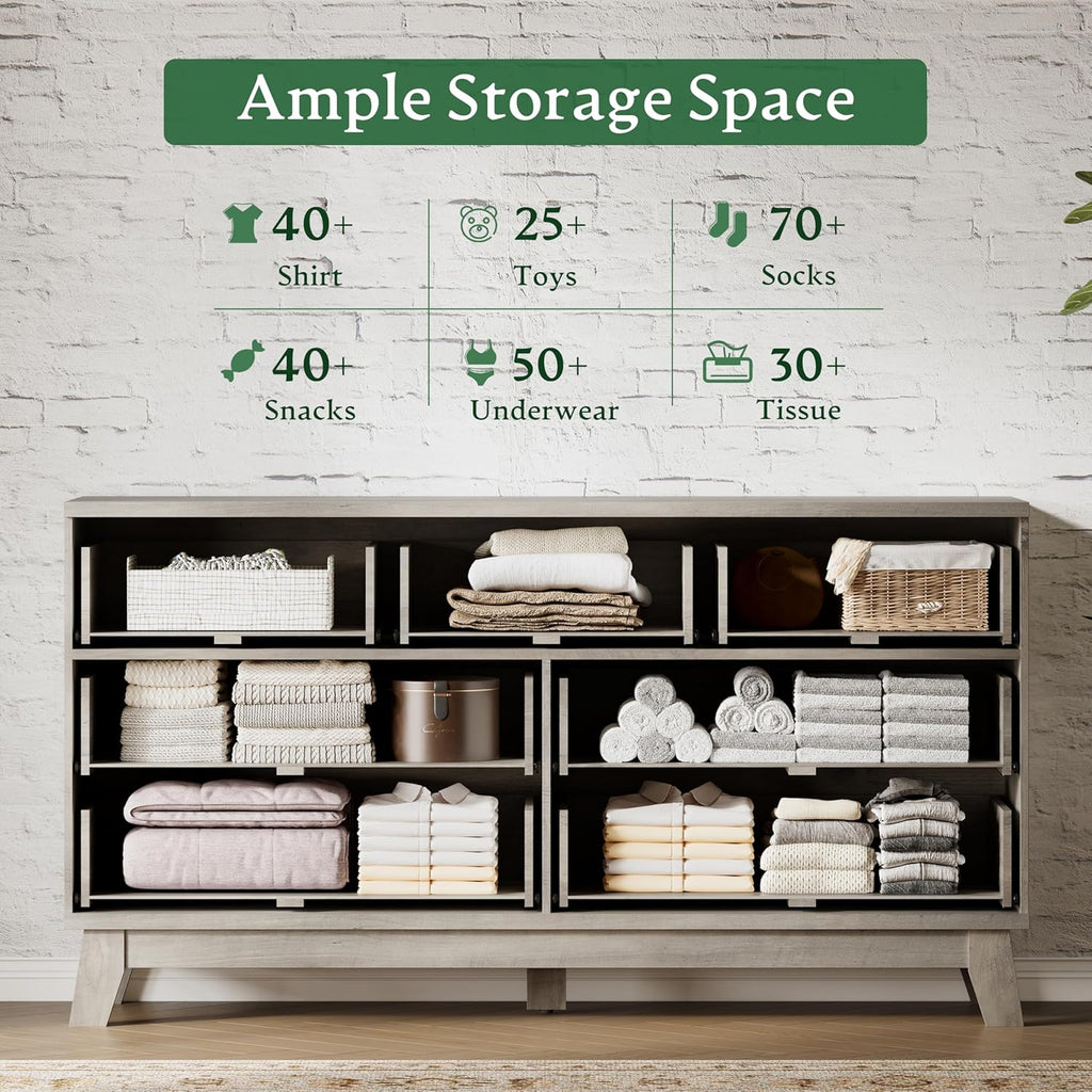 Fluted Dresser with 7 Drawers, 58" Wide Modern Chest of Drawers with Metal Handle, Wooden Dresser TV Stand, Wood Closet Clothes Storage Organizer for Bedroom, Living Room, Hallway, Light Grey