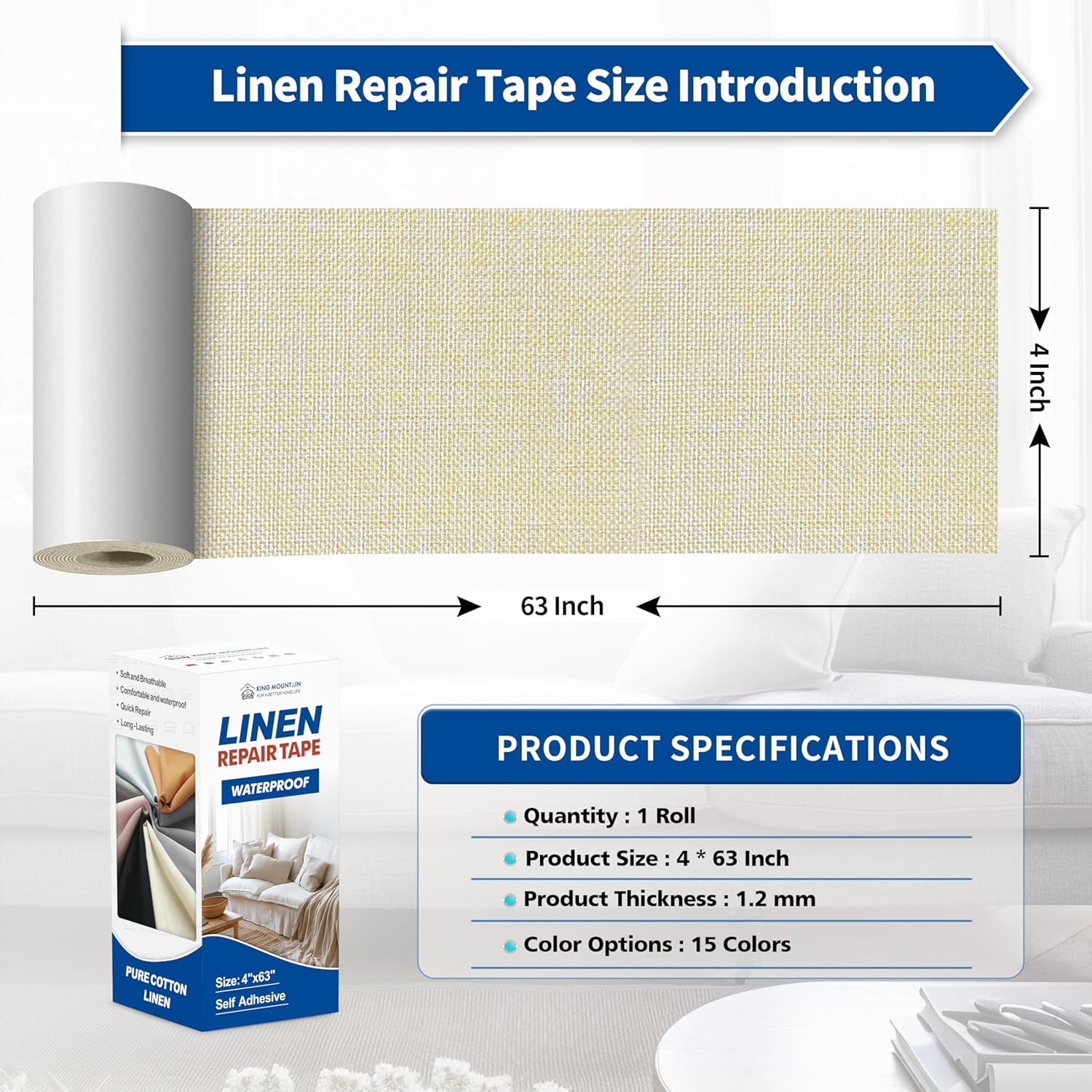 KING MOUNTAIN Linen Repair Patches, Self-Adhesive Fabric Patches, 4 X 63 inch Extra Size, Multi Color, Can be Used fo Sofa Repair and Linen Clothes Repair (Beige 1.0)