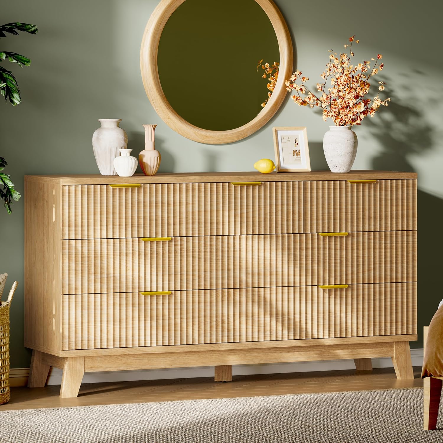 Fluted Dresser with 7 Drawers, 58" Wide Modern Chest of Drawers with Metal Handle, Wooden Dresser TV Stand, Wood Closet Clothes Storage Organizer for Bedroom, Living Room, Hallway, Natural Oak