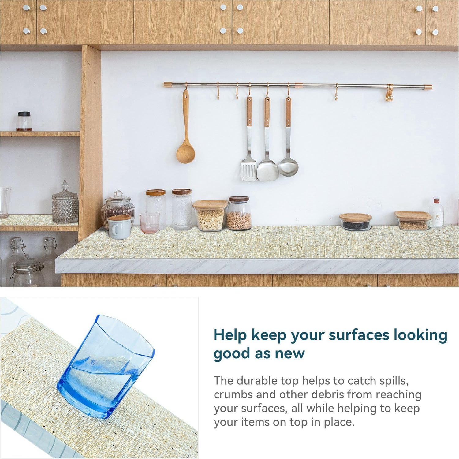Shelf Liner Non Adhesive 18 Inch x 40 Feet Beige Kitchen Drawer Liner, Waterproof Shelf Liner Durable Anti-Slip
