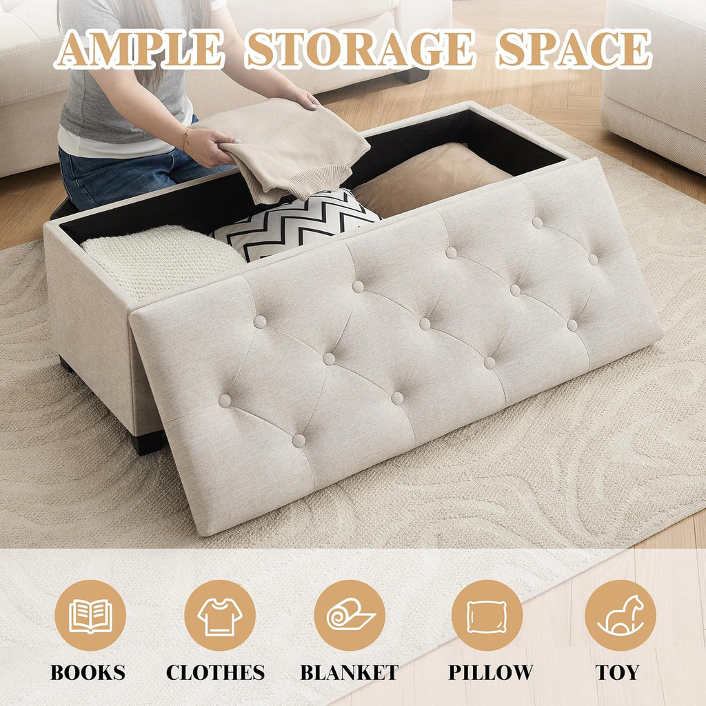 43’’ Storage Ottoman Bench, Linen Entryway Benches Load up to 660 Lb, Modern End of Bed Benches for Bedroom, Ottoman with Storage Bench for Living Room, Beige