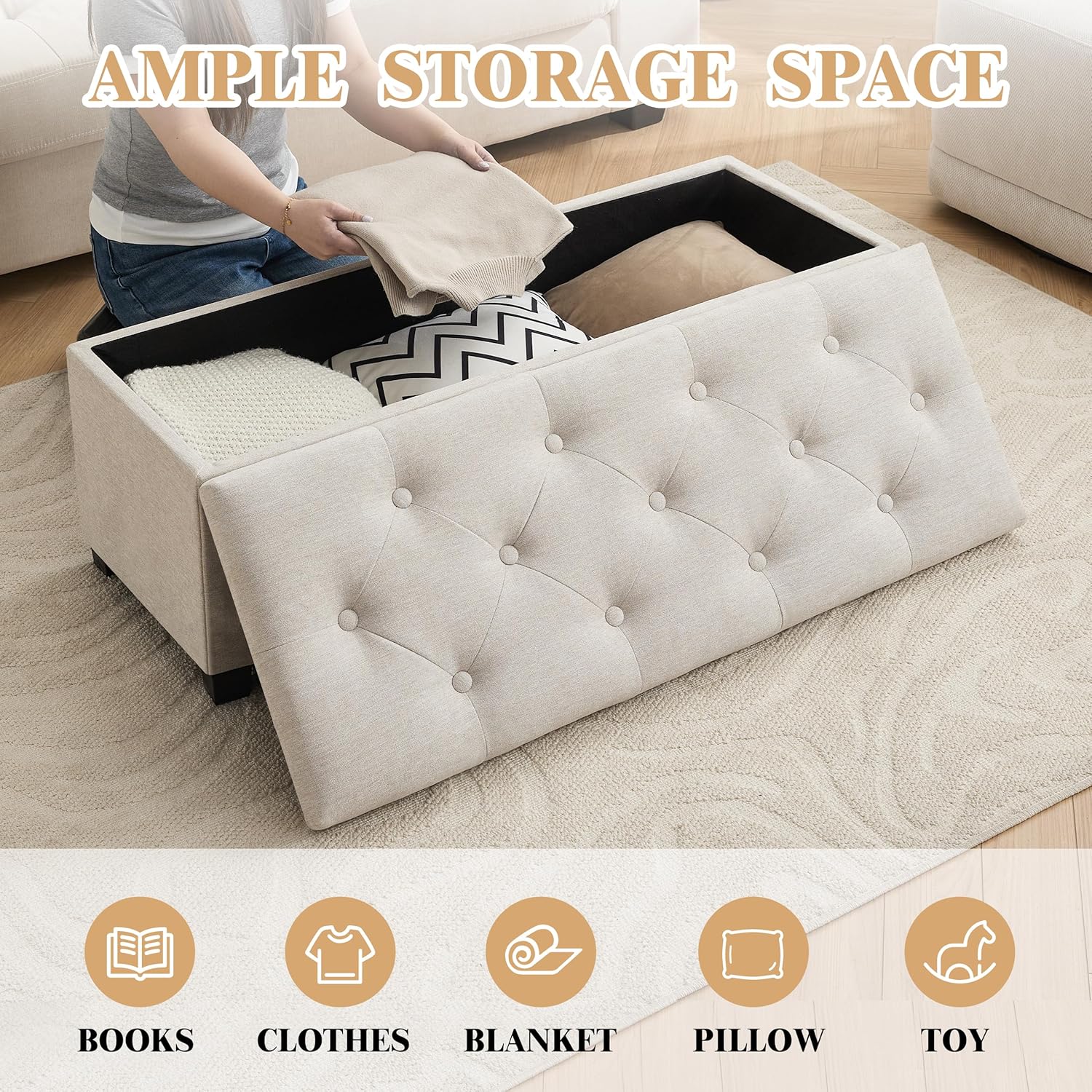 43’’ Storage Ottoman Bench, Linen Entryway Benches Load up to 660 Lb, Modern End of Bed Benches for Bedroom, Ottoman with Storage Bench for Living Room, Beige