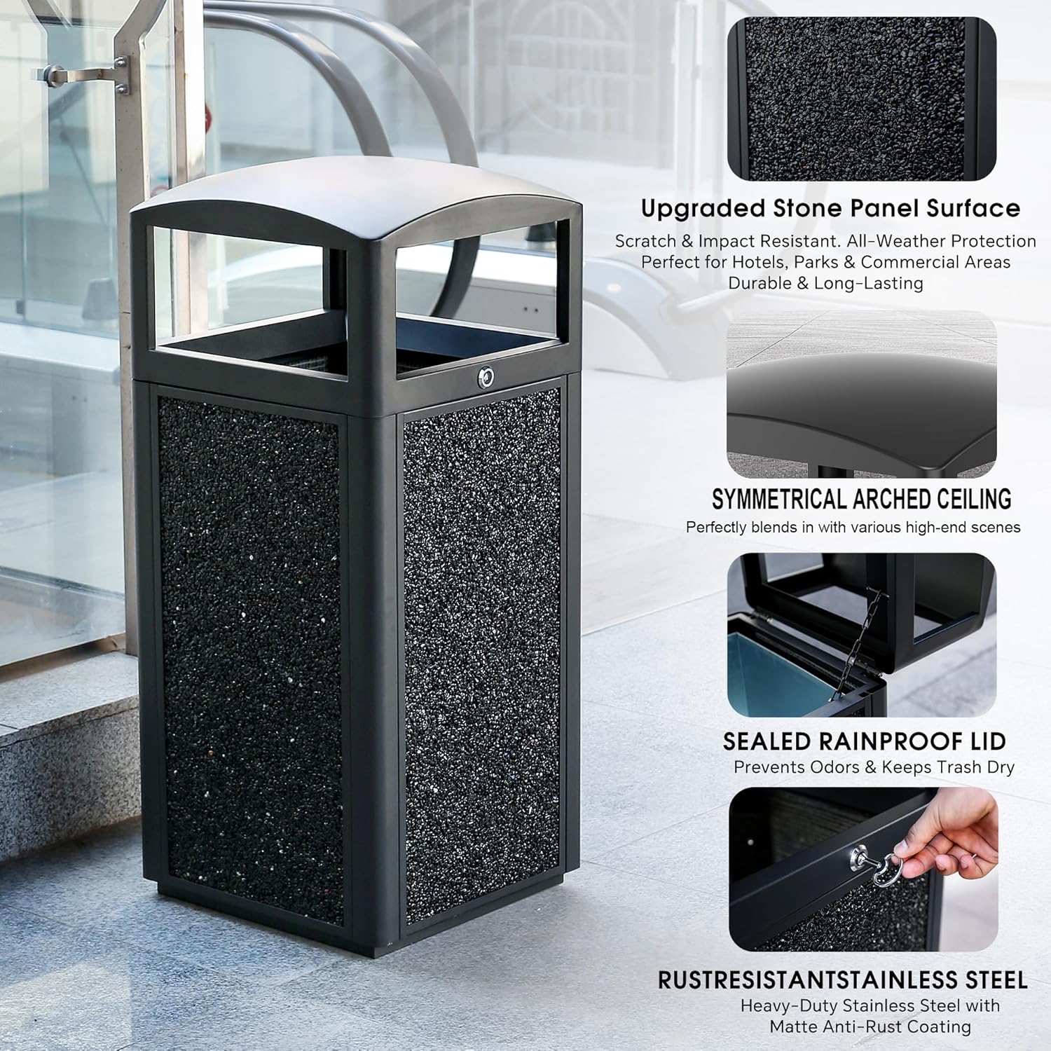 Commercial Metal Outdoor Trash Can with Lid, Lockable Outdoor Garbage Can with Nature Stone Panels, Heavy-Duty Rustproof Trash Bin with Removable Liner for Parks & Public Spaces
