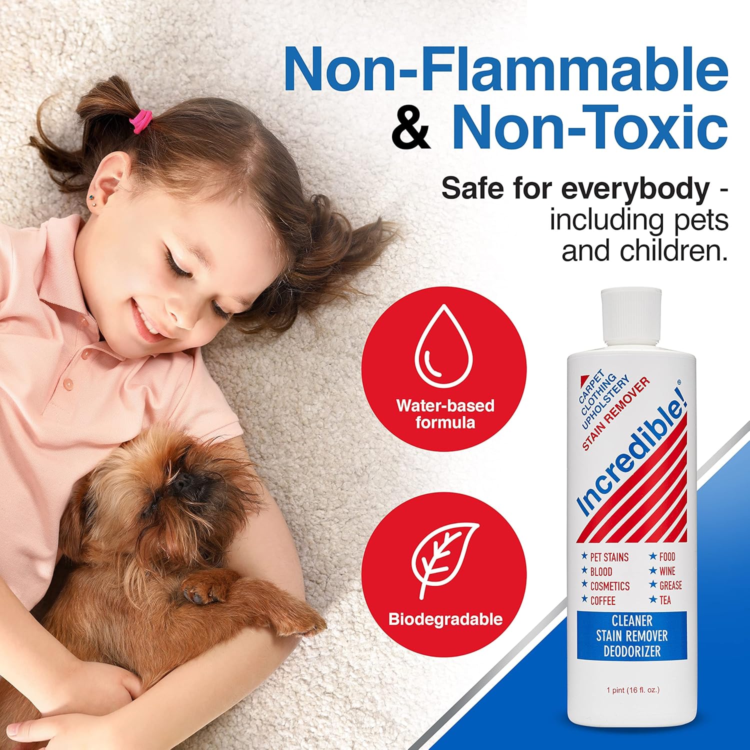 INCREDIBLE! Stain Remover - Commercial Pack Quantity, Professional Stain Cleaner For Carpets, Fabric, Linen, Laundry, Mattress, Car Upholstery – Pet Stains, Urine, Blood, Red Wine, 16.oz, Pack of 6