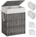 SONGMICS Laundry Hamper with Lid, 90L Clothes Hamper with 2 Removable Liner Bags, 6 Mesh Bags, Wicker Laundry Basket, Double Laundry Hamper for Bathroom, 13 x 18.1 x 23.6 Inches, Gray ULCB251G01V1