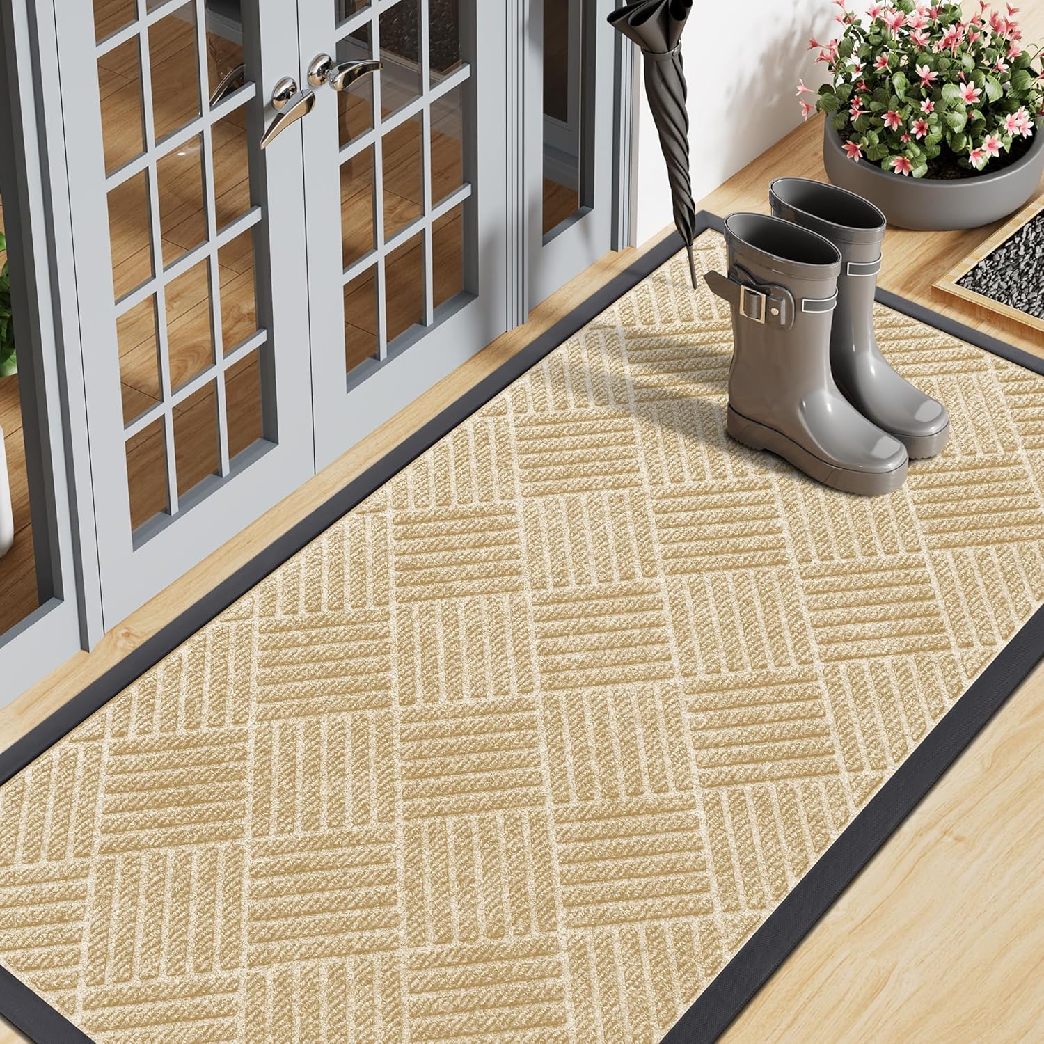 Smiry Front Door Mat Outside Entrance, Heavy Duty Outdoor Indoor Natural Rubber Doormat, Non Slip, Trap Dirt and Moisture, Easy Clean, Low Profile Patio Porch Entryway Mat, 71x23, Beige