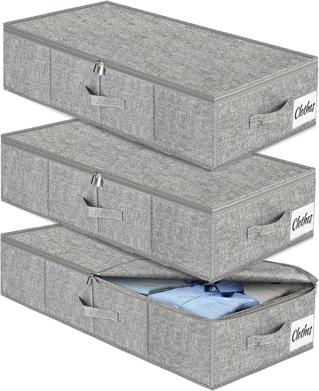 Under Bed Storage Container Bin 3 Pack, Low Profile Foldable Underbed Clothes Storage Organizer W/ Ultra Thick Fabric and Sturdy Bottom/Sides, Dual Zipper Storage Box for Dorm and Home 30x16x6.7"