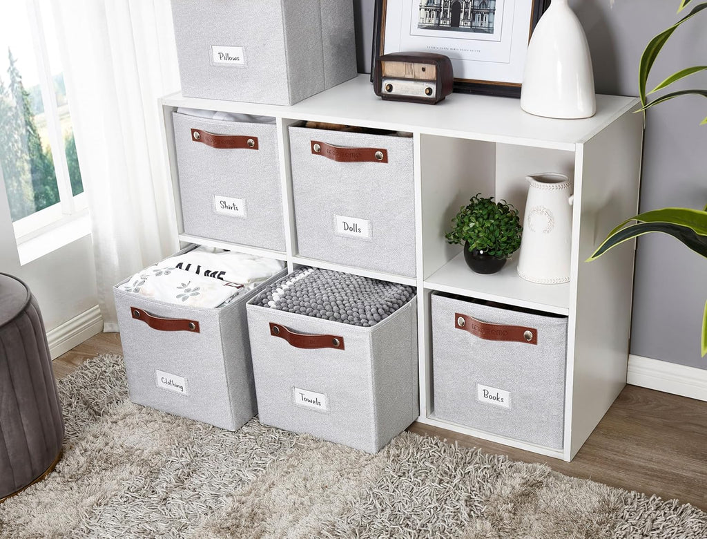 DECOMOMO Storage Bins, Cube Storage Bin with Labels, Fabric Storage Cubes for Shelves (11" / 6pcs, Light Texture Grey)
