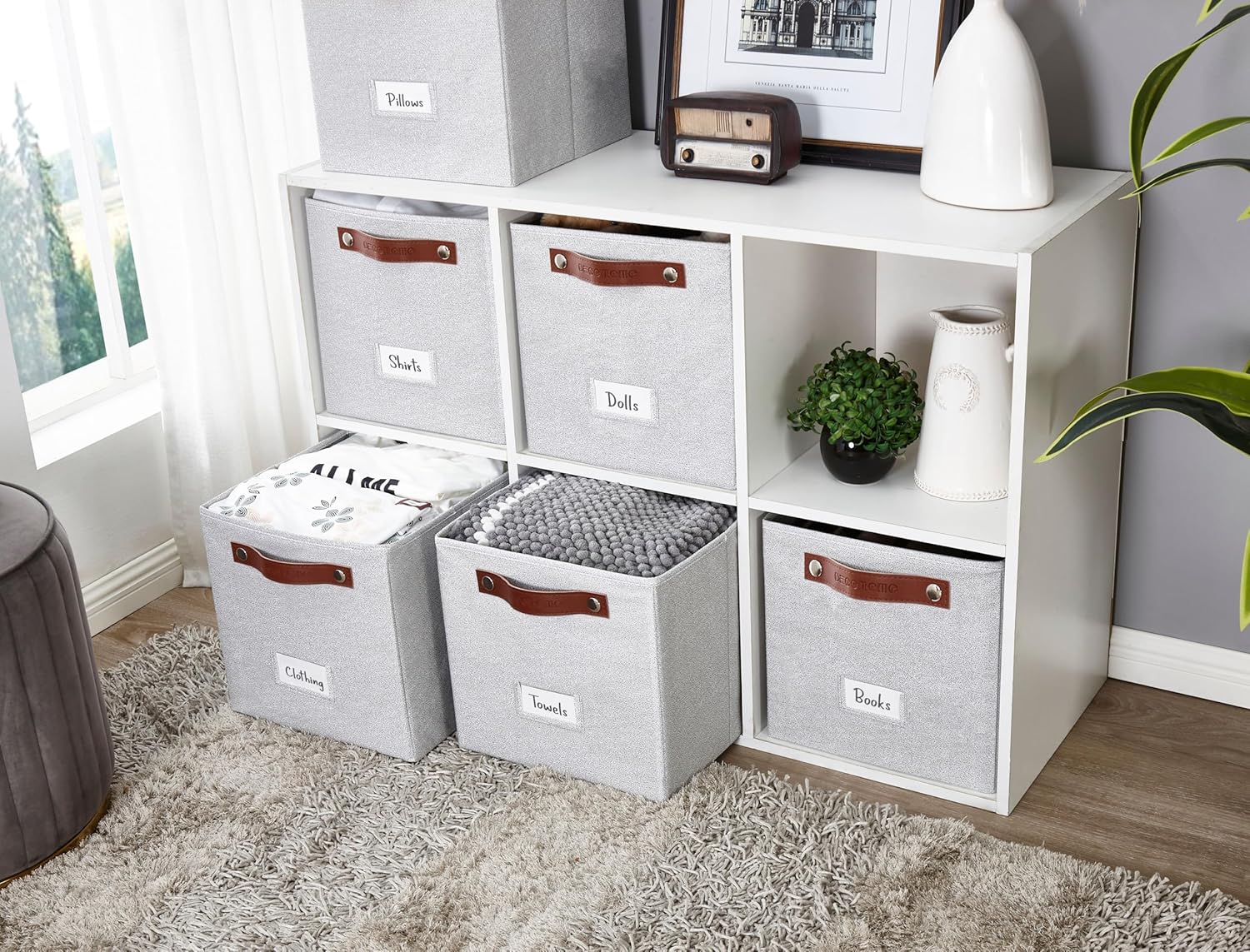 DECOMOMO Storage Bins, Cube Storage Bin with Labels, Fabric Storage Cubes for Shelves (11" / 6pcs, Light Texture Grey)