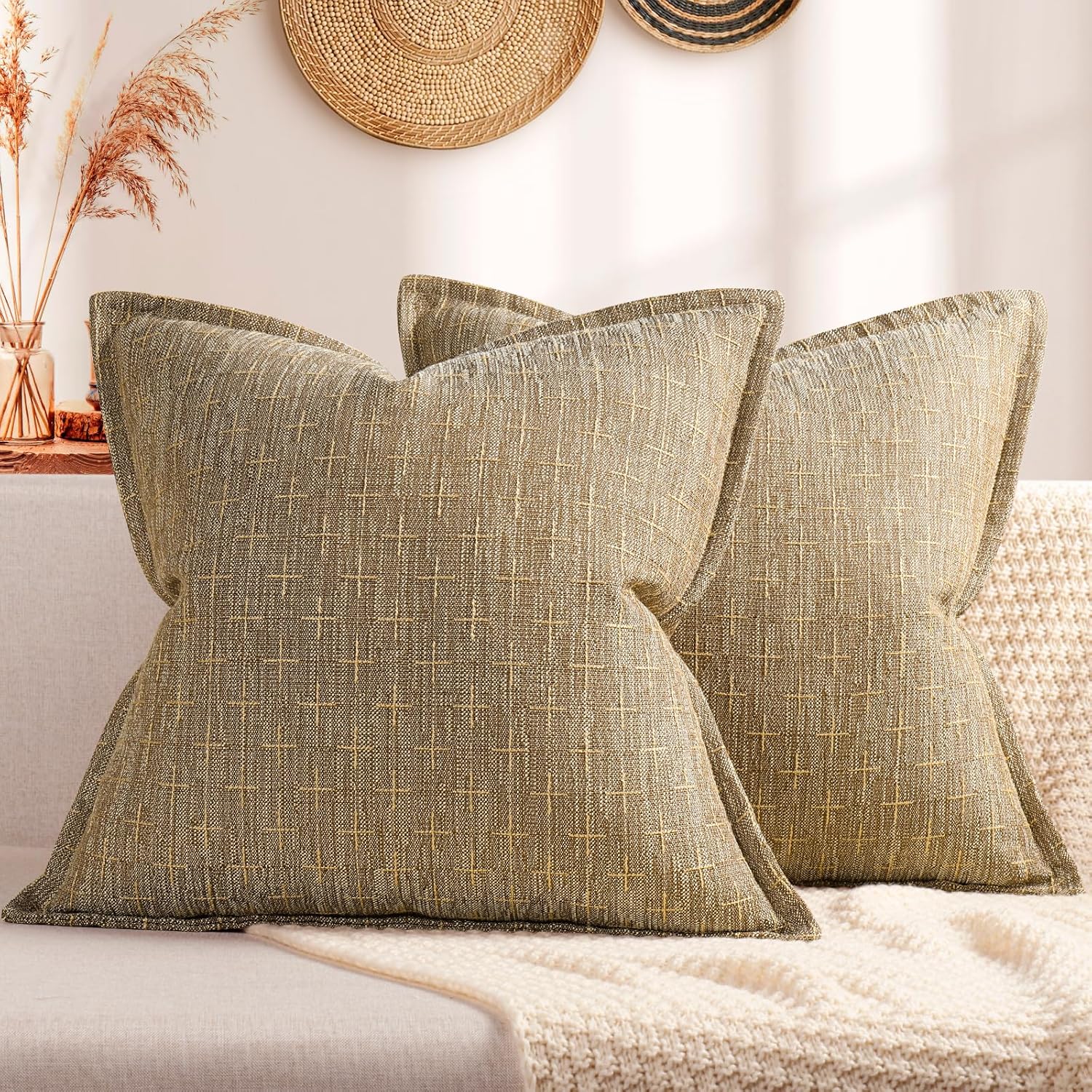 ZWJD Pillow Covers 22x22 Set of 2 Soft Polyester Textured Pillow Covers with Stylish Flange Edge Cozy Farmhouse Throw Pillows for Couch Bed Sofa Living Room