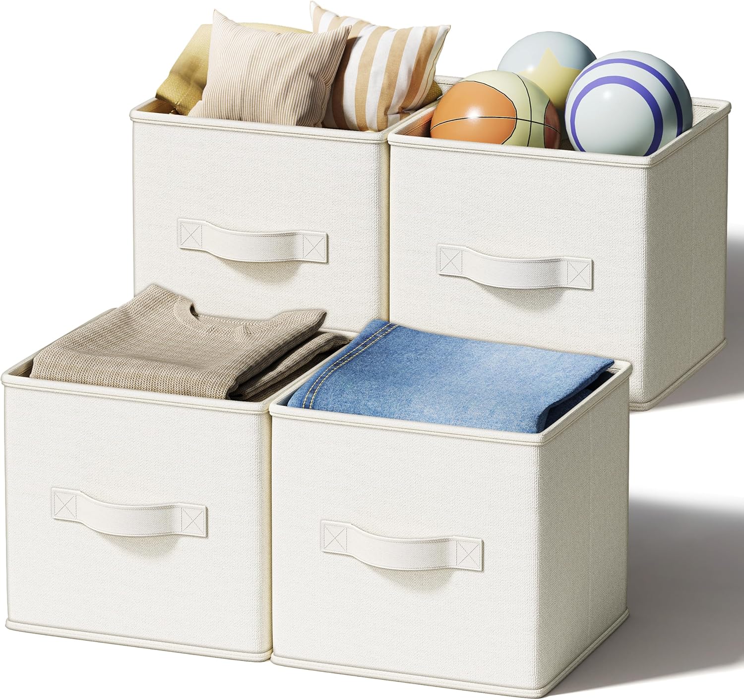 4 Pack Foldable Fabric Closet Storage Bins, 11Inch Organizer Cubes with Handles, Linen Storage Boxes for Clothes, Toys, Books and Home Organization, White& Ivory