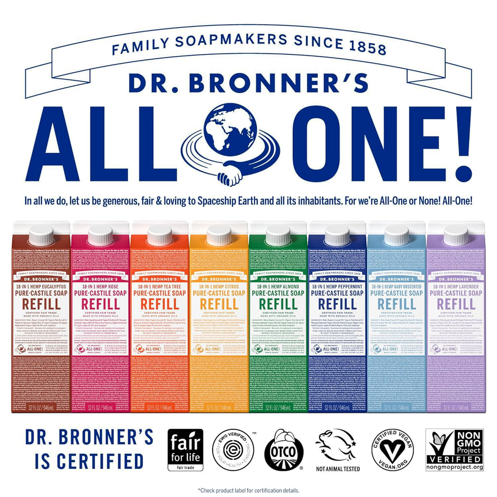 Dr. Bronner's Magic Soap-Pure-Castile Liquid Soap Refill (Rose 32 ounce, 2-Pack)-Regenerative Organic Certified Oils, For Body, Hair, Laundry, Pets & Dishes, Concentrated, Vegan, Non-GMO