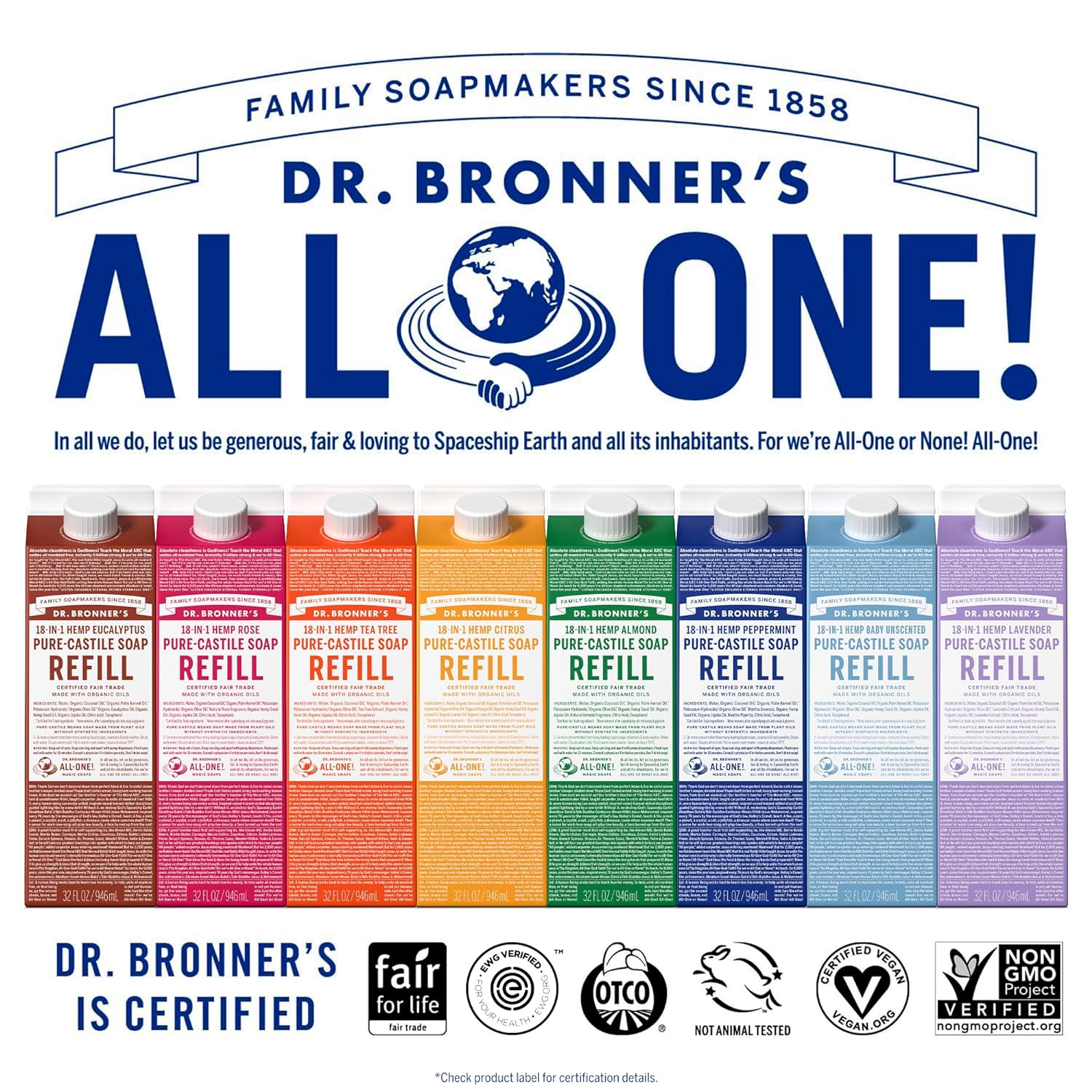 Dr. Bronner's Magic Soap-Pure-Castile Liquid Soap Refill (Rose 32 ounce, 2-Pack)-Regenerative Organic Certified Oils, For Body, Hair, Laundry, Pets & Dishes, Concentrated, Vegan, Non-GMO