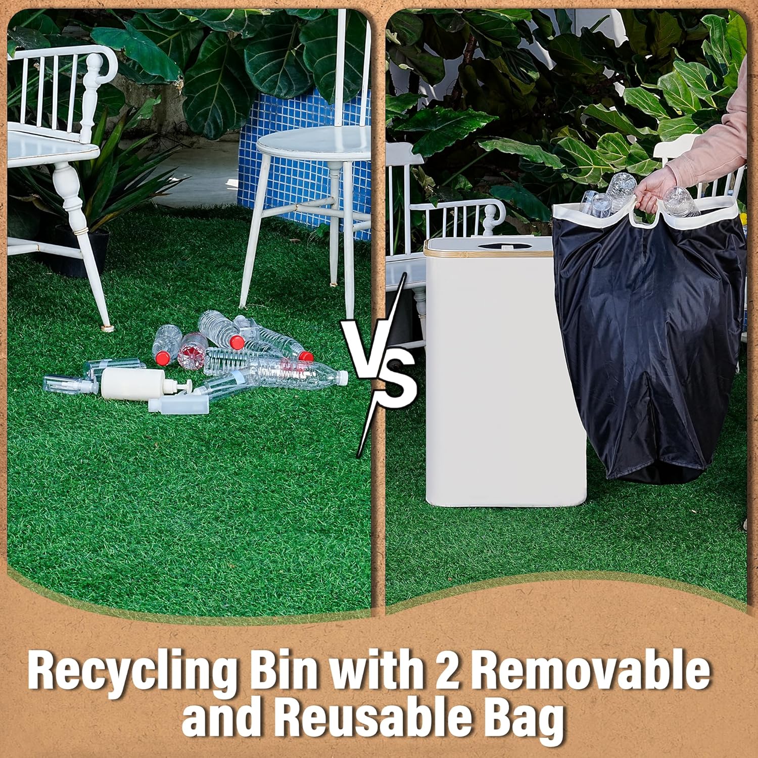efluky Recycling Bin 100L, 26 Gallon Recycle Bins for Kitchen Indoor Outdoor Home with 2 Removeable and Reusable Inner Bag, Tall Recycle bin for Bottle Can Plastice Stickers (Beige)