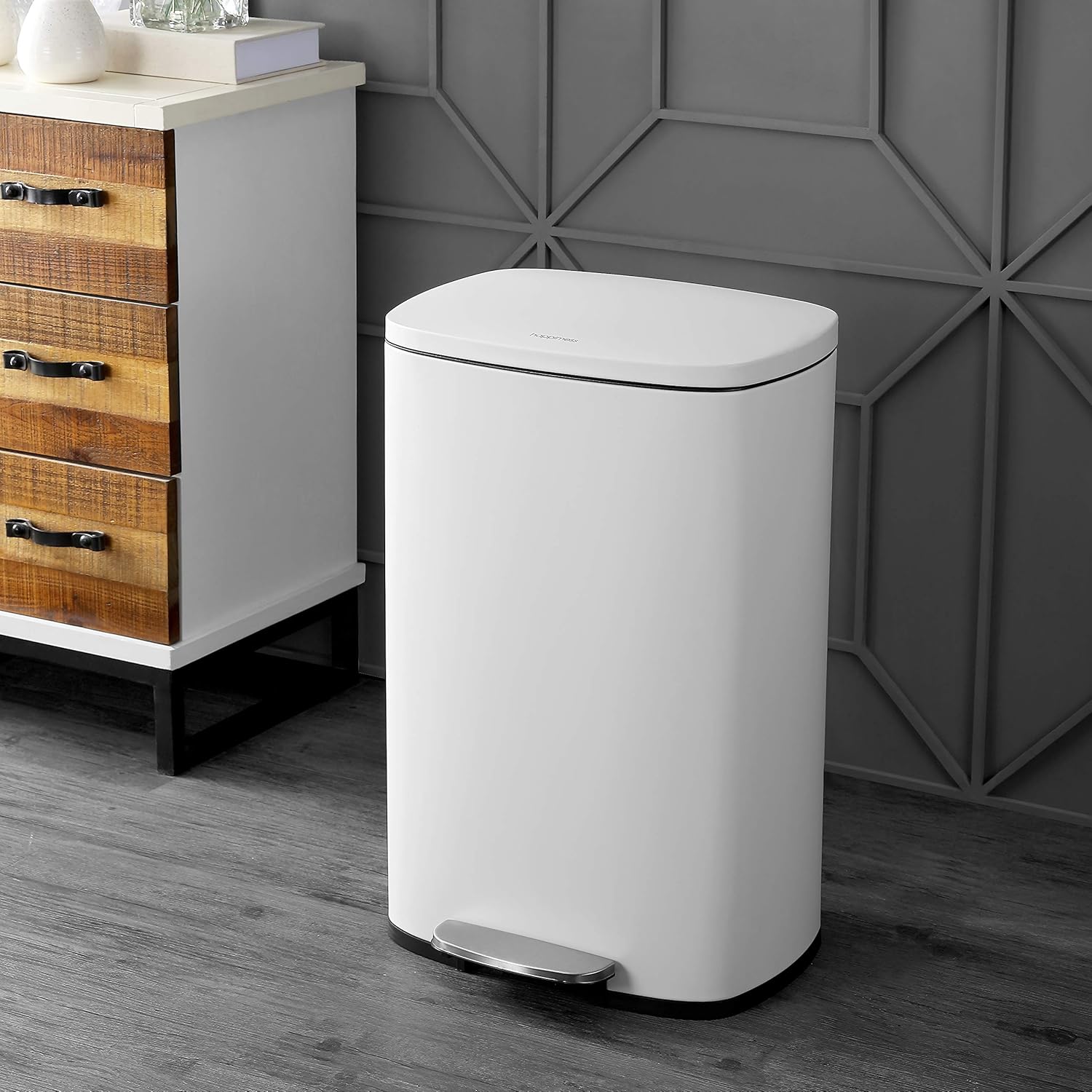 happimess HPM1006C Connor Rectangular Trash Can with Soft-Close Lid and Free Mini Trash Can, Modern Fingerprint Proof for Home, Kitchen, Office, Large:12.98 Gallon Small:1.3 Gallon, White
