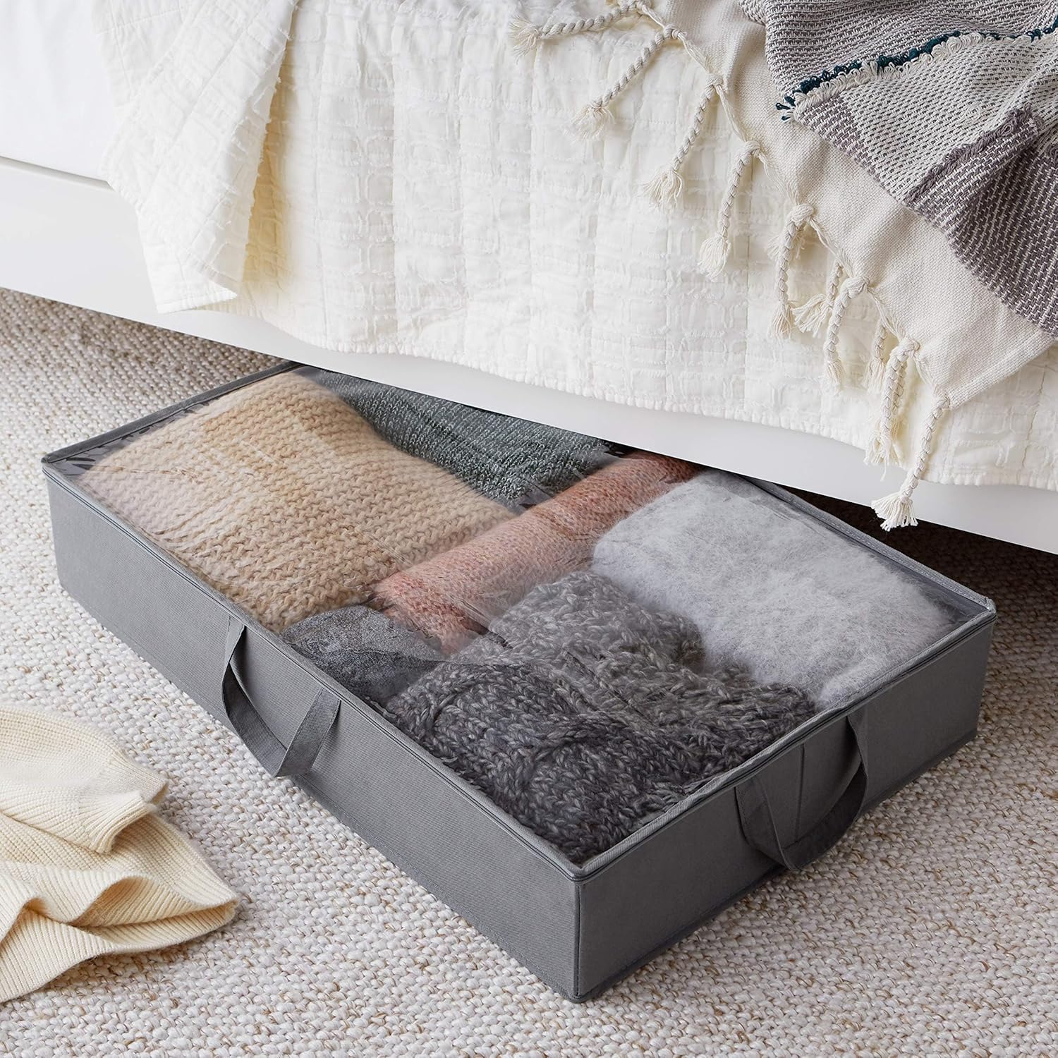 Amazon Basics Under Bed Fabric Zipper Storage Container Bags with Window and Handles, 2-Pack, 30.2 x 20 x 5.7 inches, Gray