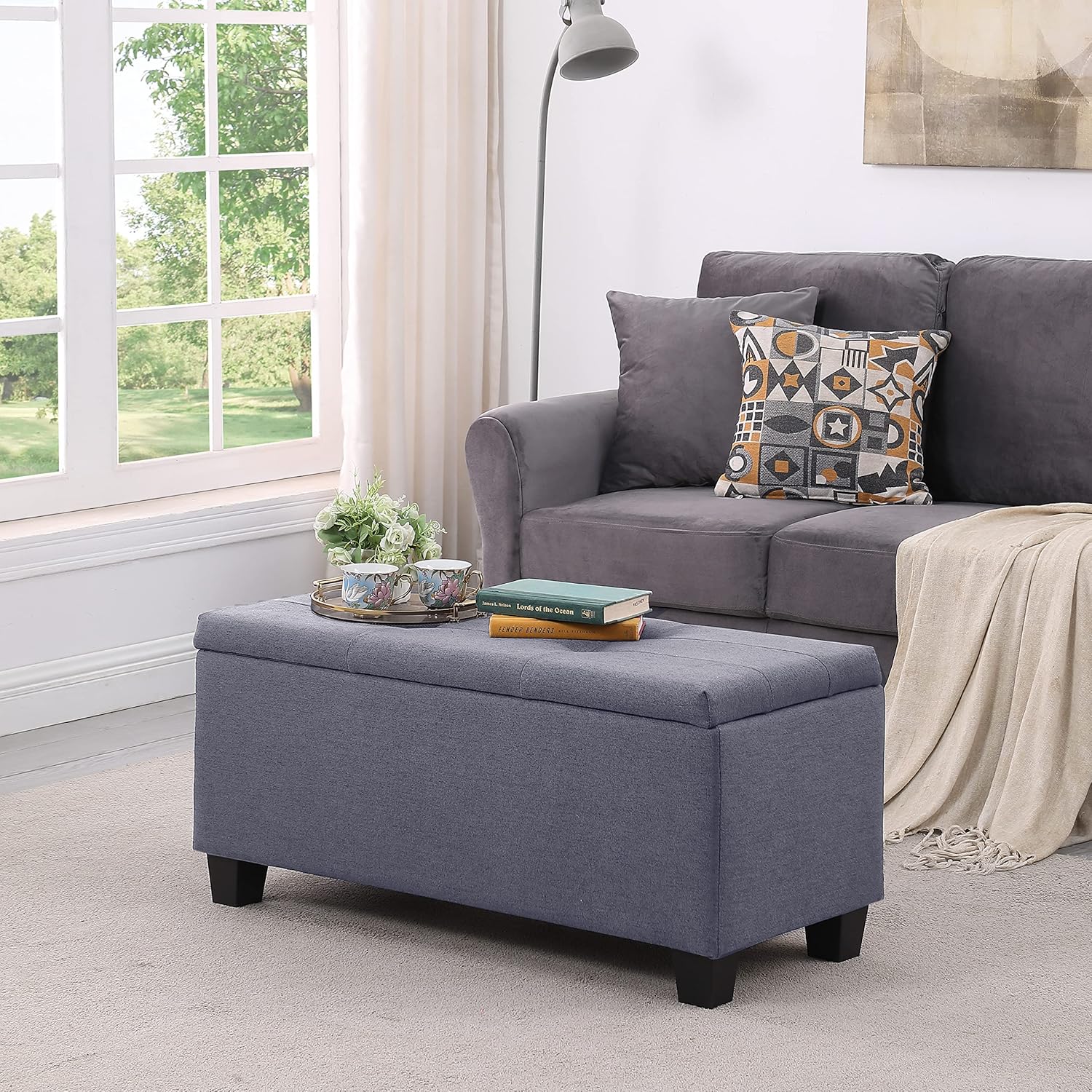Hinged Storage Ottoman Set of 3, 38'' Living Room Storage Bench with Thick Seating, 2pcs Small Square Dorm Stool Couch Side Foot Rest