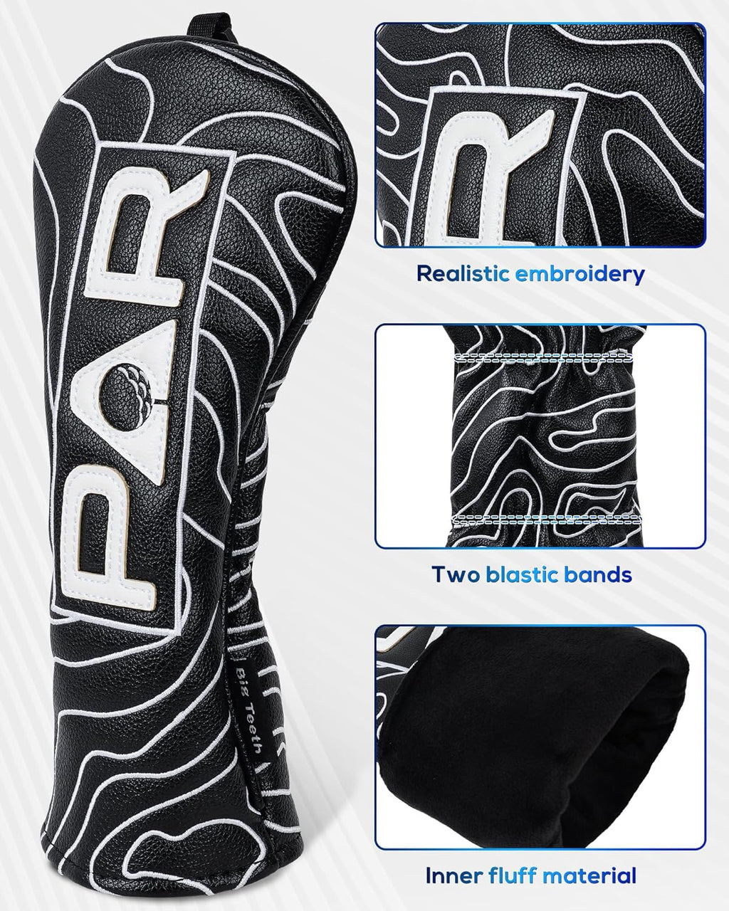 Big Teeth Golf Club Covers Full Set Driver Headcover Fairway Wood Hybrid Golf Club Iron Head Covers, Topographic Edition Putter Cover Leather Golf Head Covers Pure Black, Gifts for Men