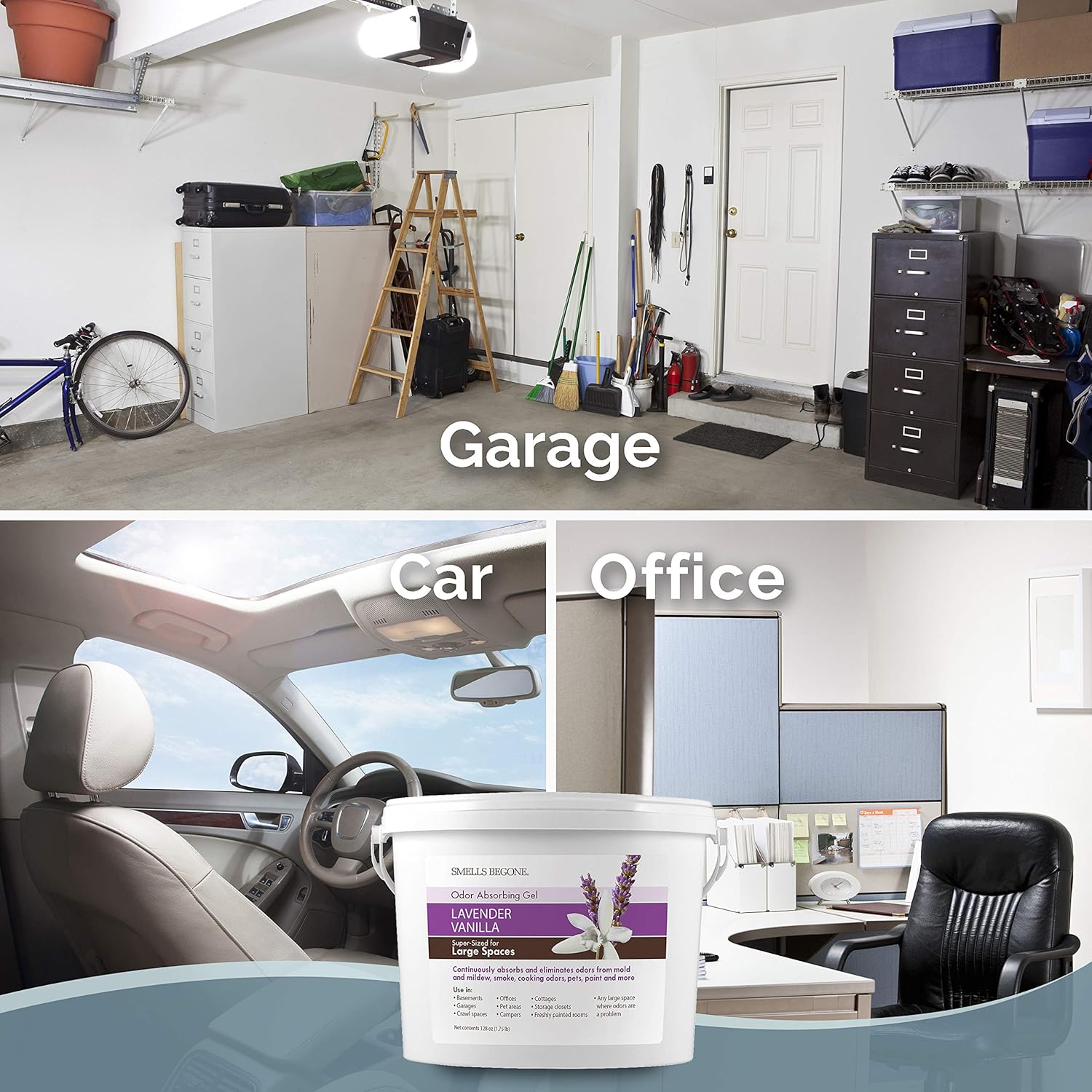 SMELLS BEGONE 1-Gallon Odor Absorber Gel - Air Freshener & Odor Eliminator for Homes, Garages & Commercial Buildings - Industrial Size - Lavender Vanilla Scent