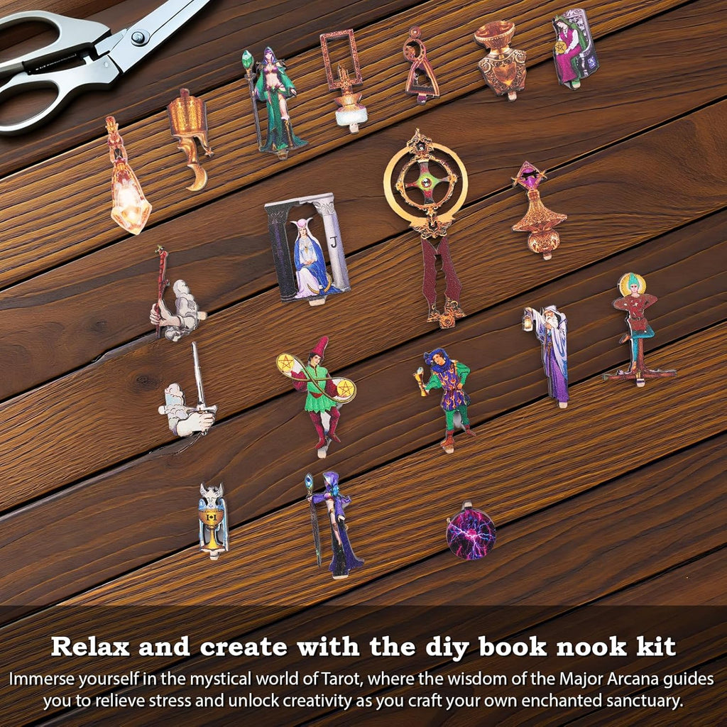Book Nook Kit - DIY Miniature Dollhouse with LED Lights for Adults & Teens, Fantasy Tarot-Themed 3D Wooden Bookshelf Decor, for Craft Lovers