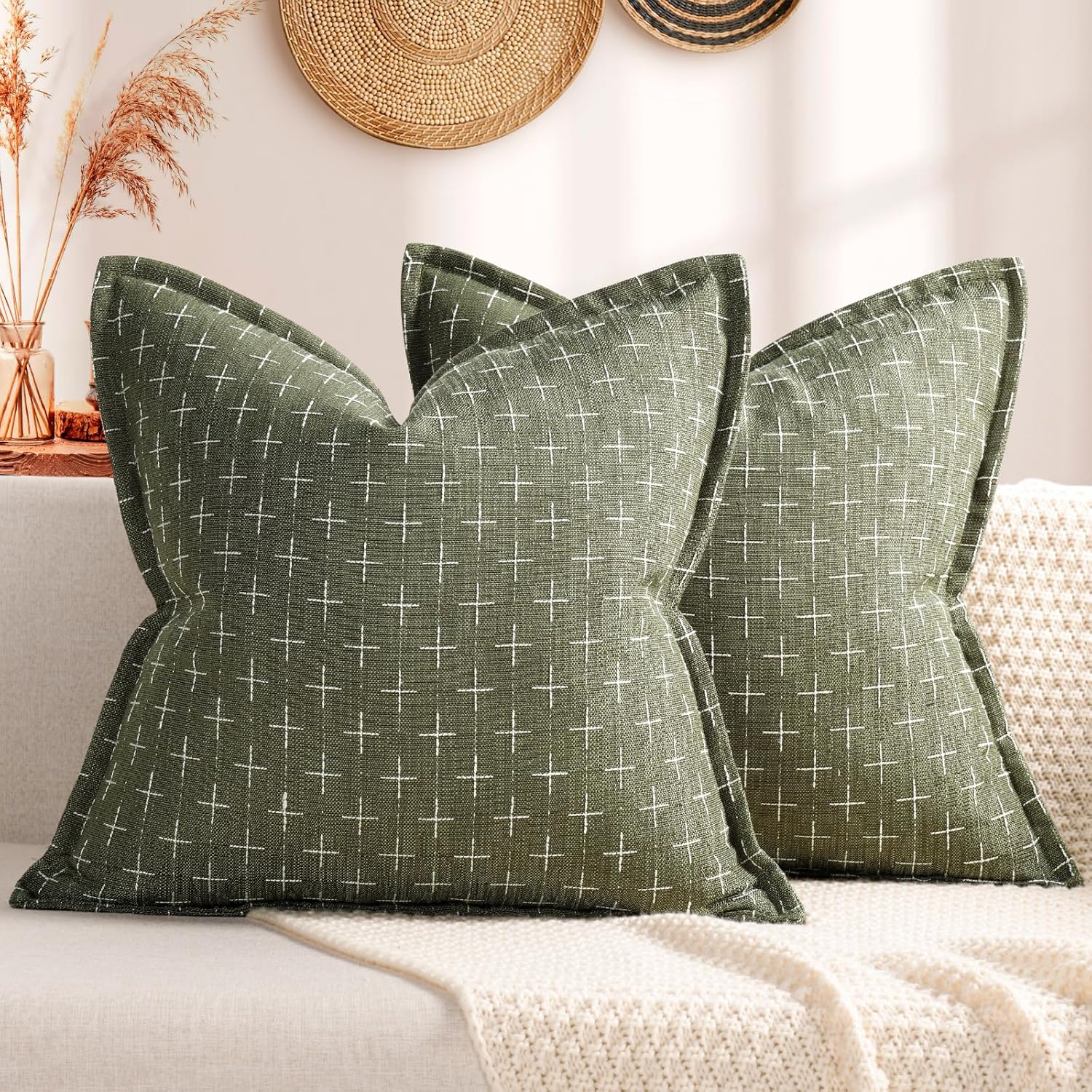 ZWJD Pillow Covers 16x16 Set of 2 Soft Polyester Textured Pillow Covers with Stylish Flange Edge Cozy Farmhouse Throw Pillows for Couch Bed Sofa Living Room