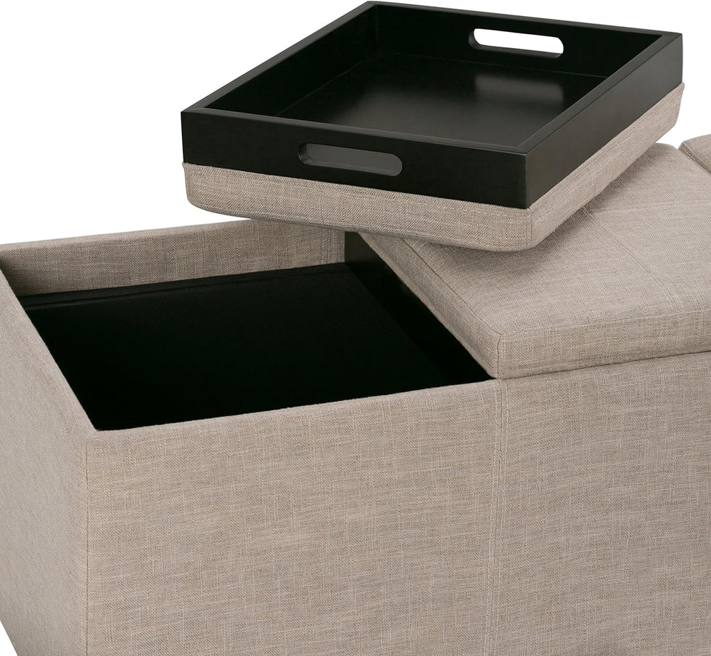 SIMPLIHOME Avalon 42 inch Wide Contemporary Rectangle Storage Ottoman in Natural Linen Look Fabric, Assembled, for the Living Room, Entryway and Family Room